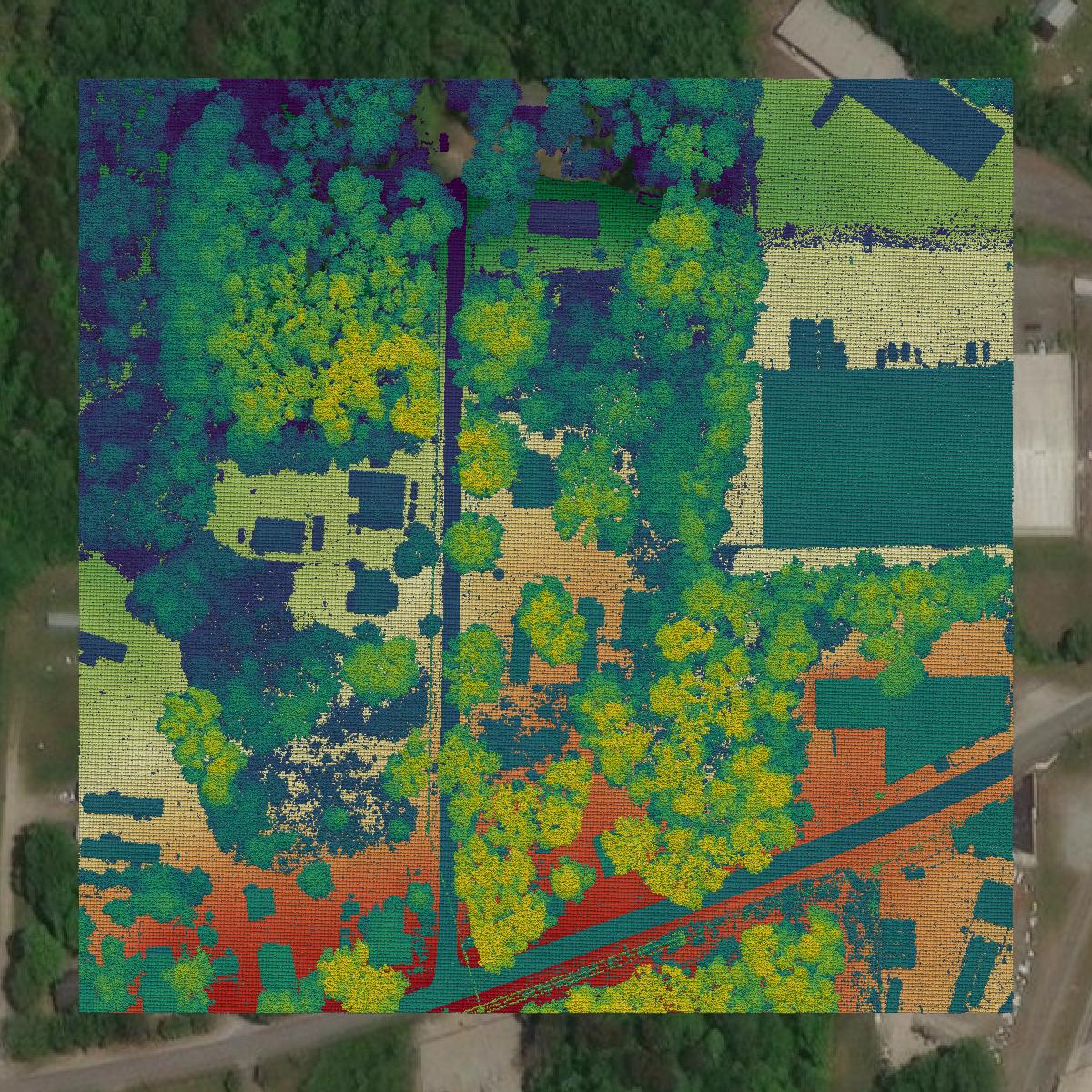 This image shows a LiDAR point cloud in Randolph County created using GIS data in Equator.