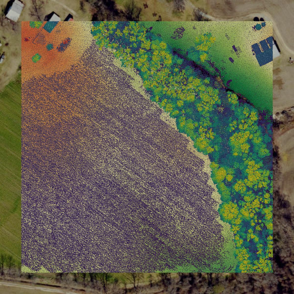 This image shows a LiDAR point cloud in Sampson County created using GIS data in Equator.