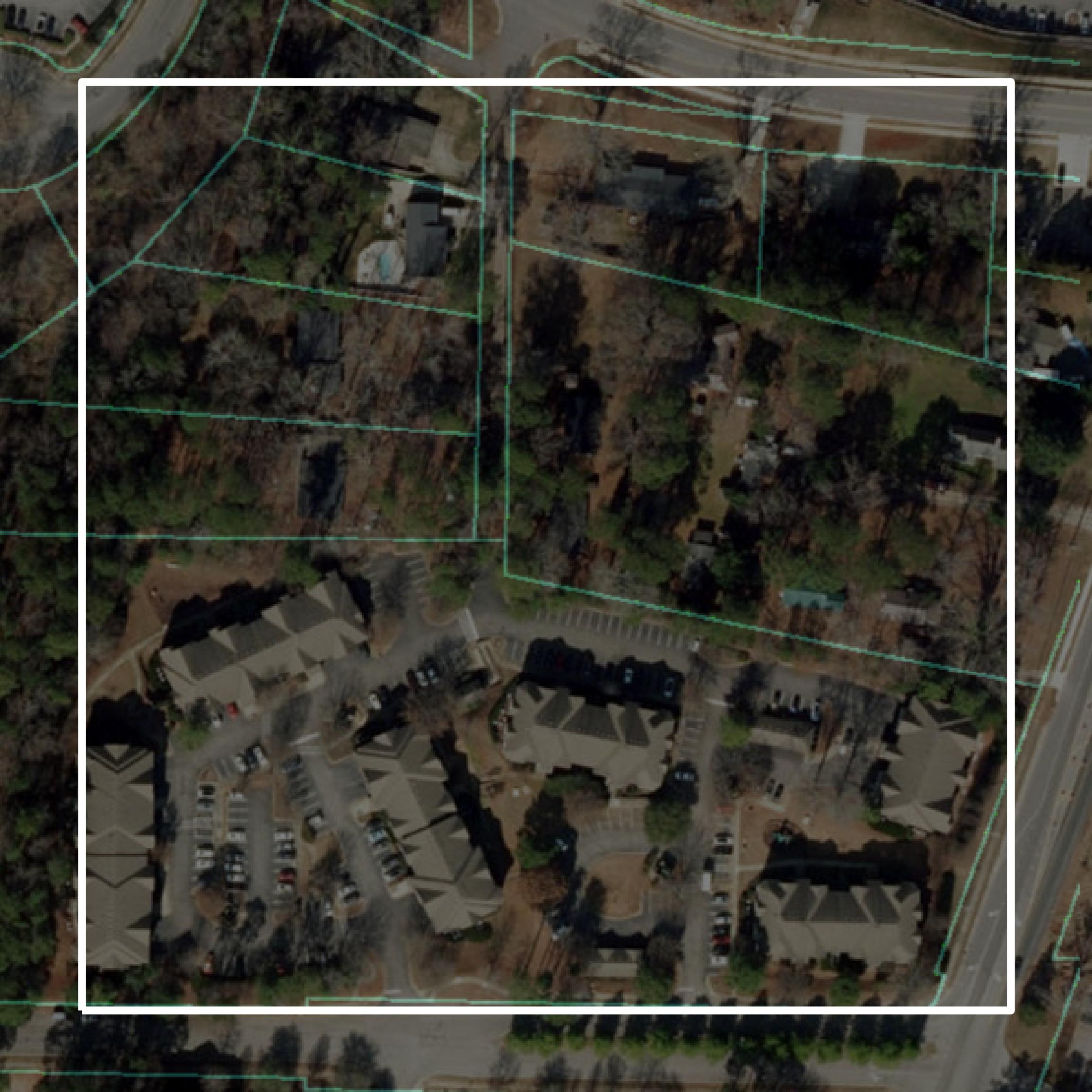 This image shows parcel and building data in Wake County created using GIS data in Equator.