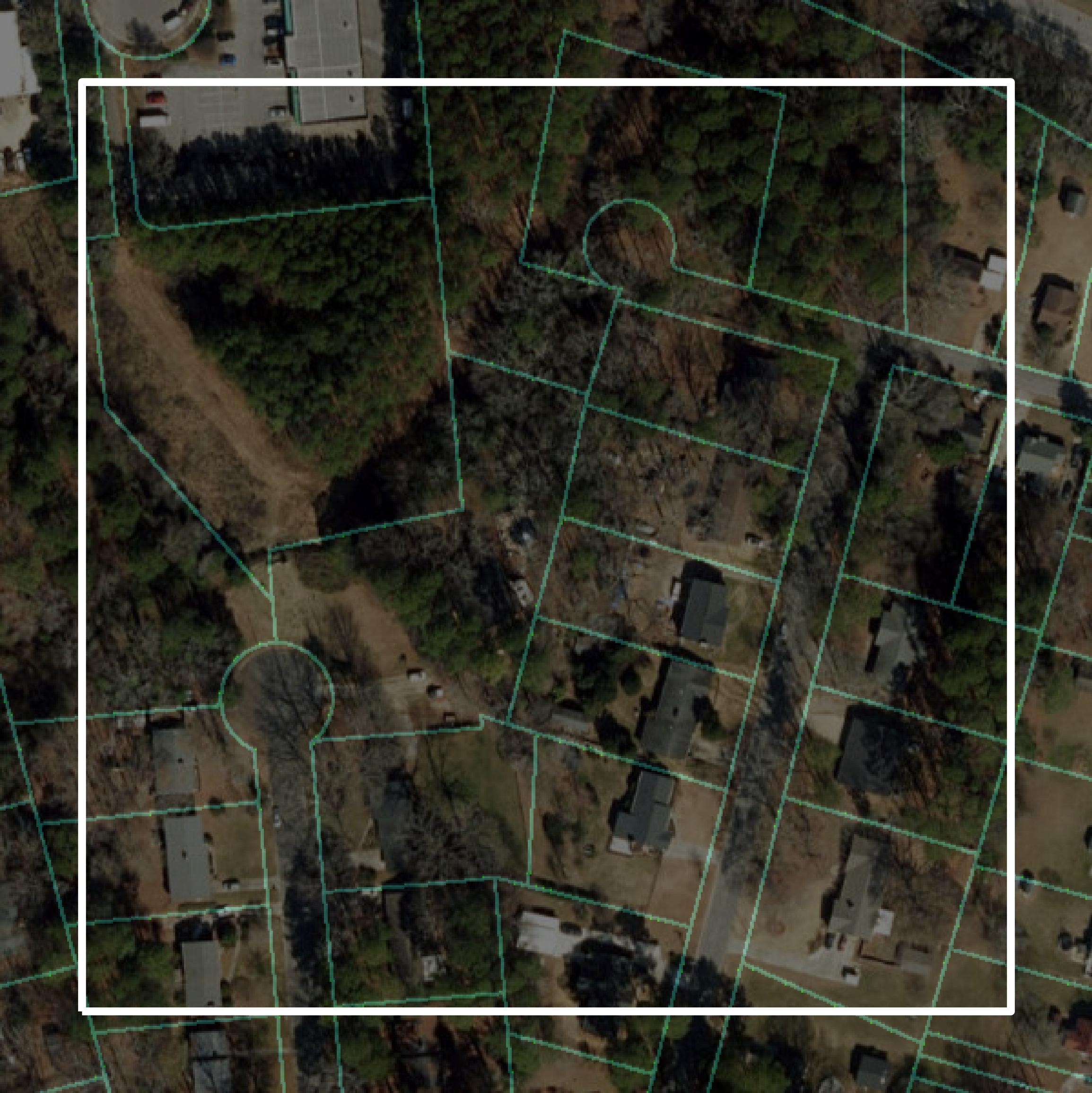 This image shows parcel and building data in Wake County created using GIS data in Equator.