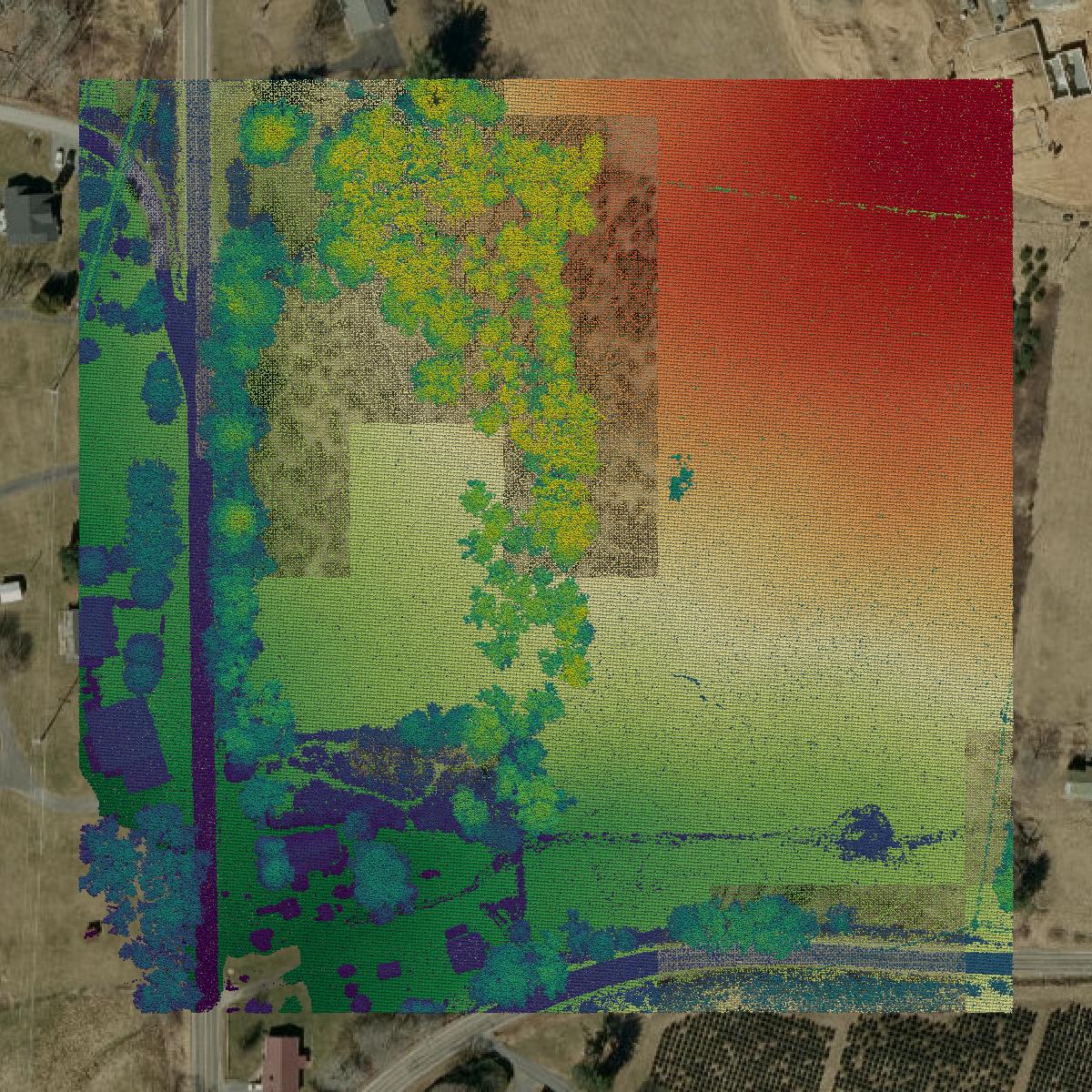 This image shows a LiDAR point cloud in Watauga County created using GIS data in Equator.