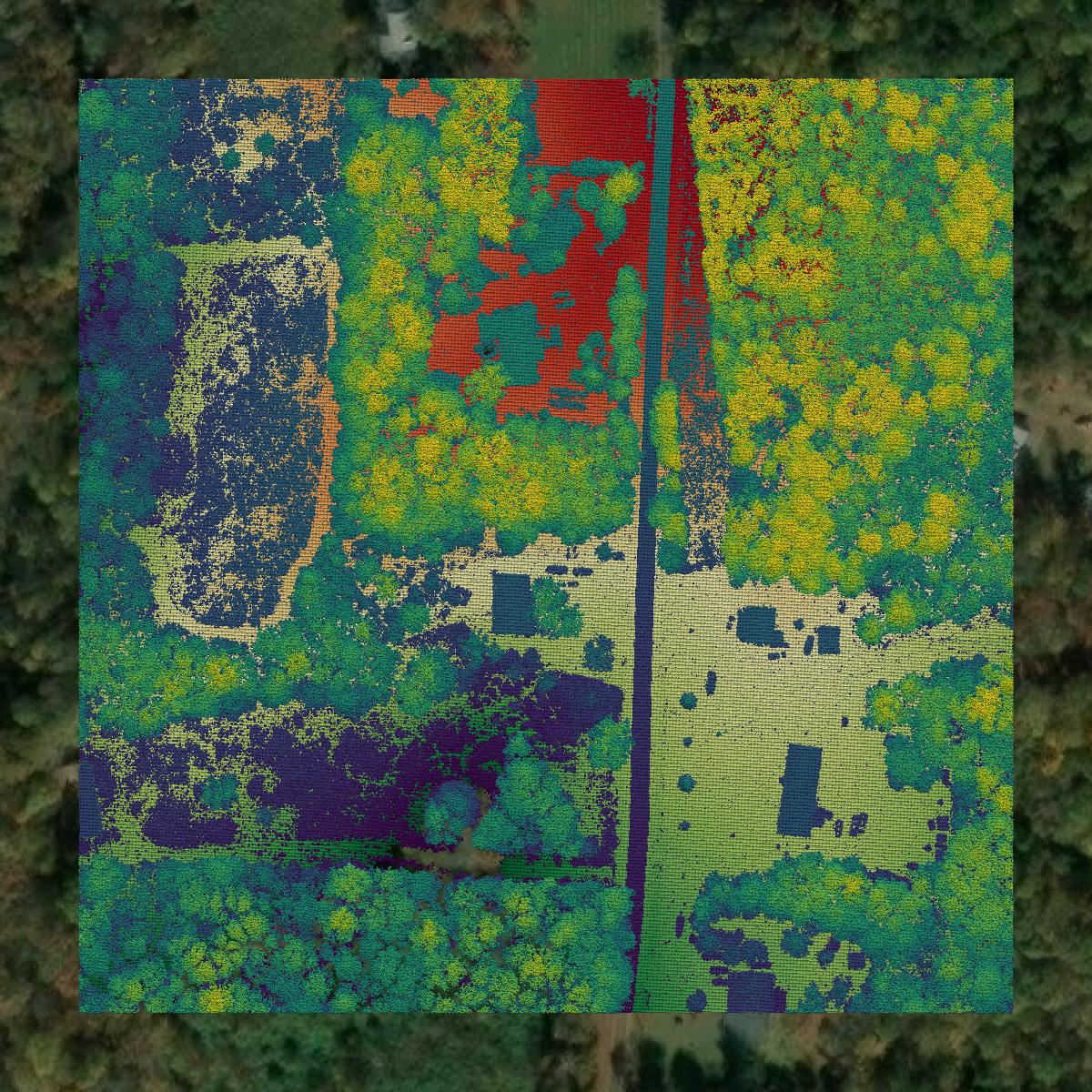 This image shows a LiDAR point cloud in Wilkes County created using GIS data in Equator.