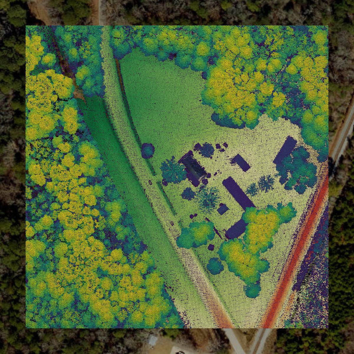 This image shows a LiDAR point cloud in Wilson County created using GIS data in Equator.