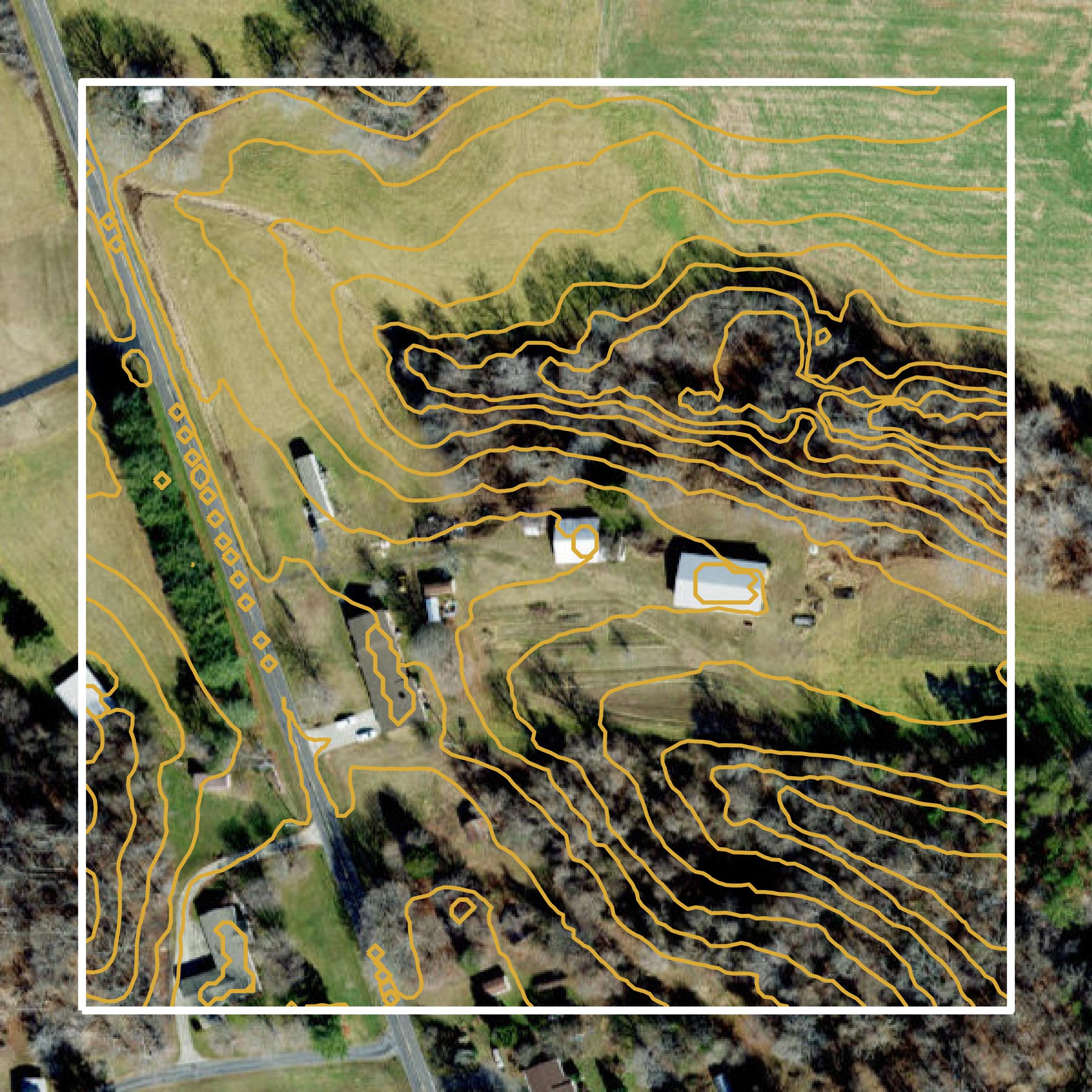 This image shows a contour map in Yadkin County created using GIS data in Equator.