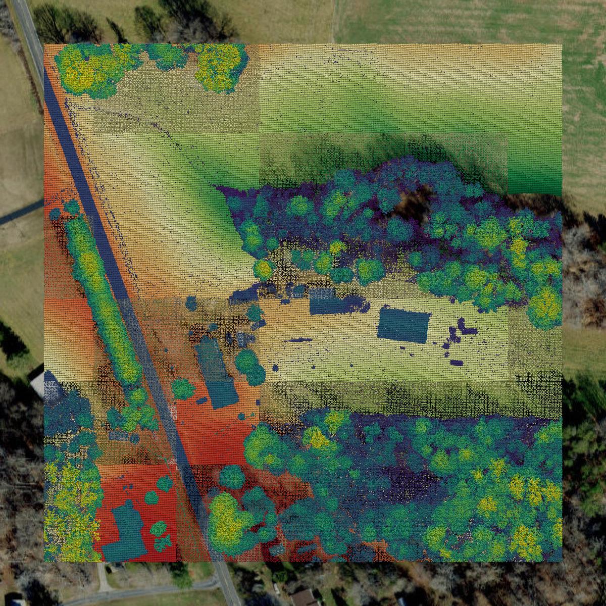 This image shows a LiDAR point cloud in Yadkin County created using GIS data in Equator.