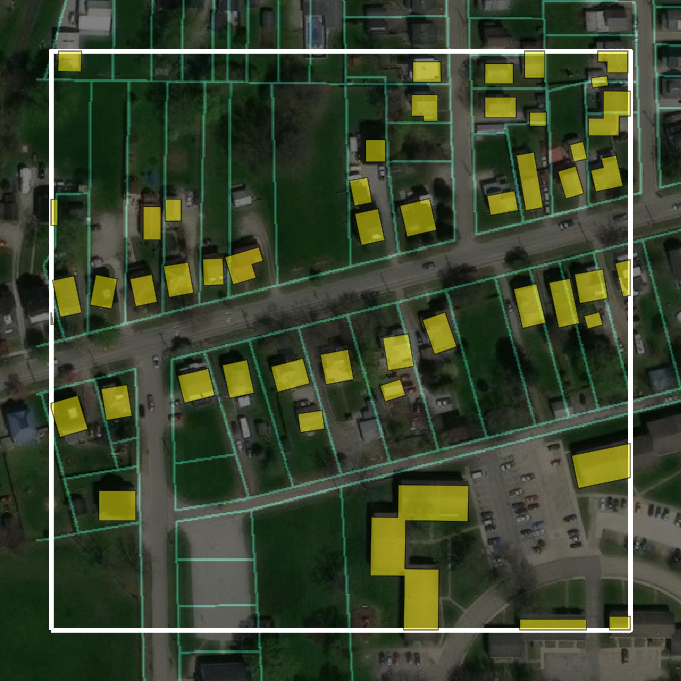 This image shows parcel and building data in Ashland County created using GIS data in Equator.