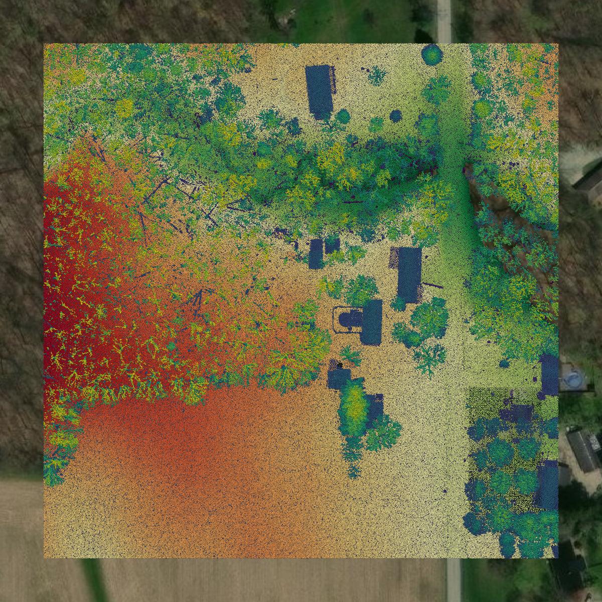 This image shows a LiDAR point cloud in Ashland County created using GIS data in Equator.