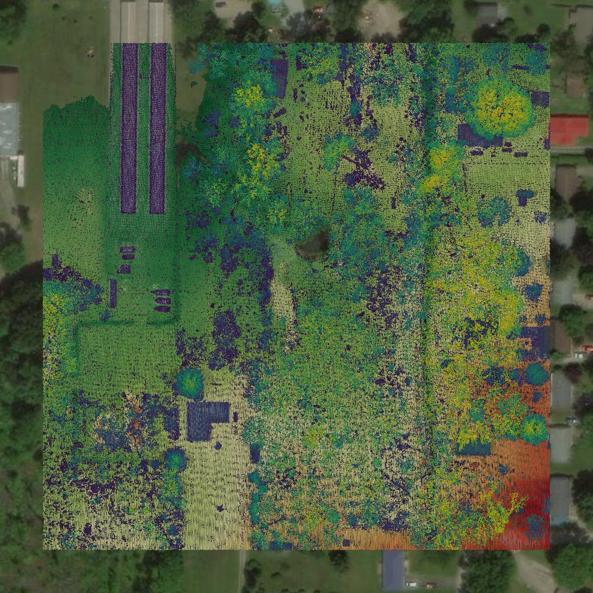 This image shows a LiDAR point cloud in Ashtabula County created using GIS data in Equator.