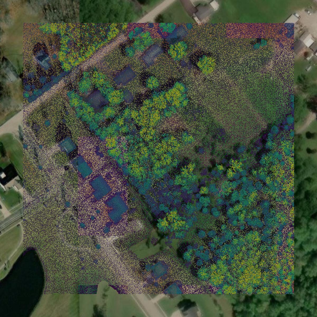 This image shows a LiDAR point cloud in Clermont County created using GIS data in Equator.