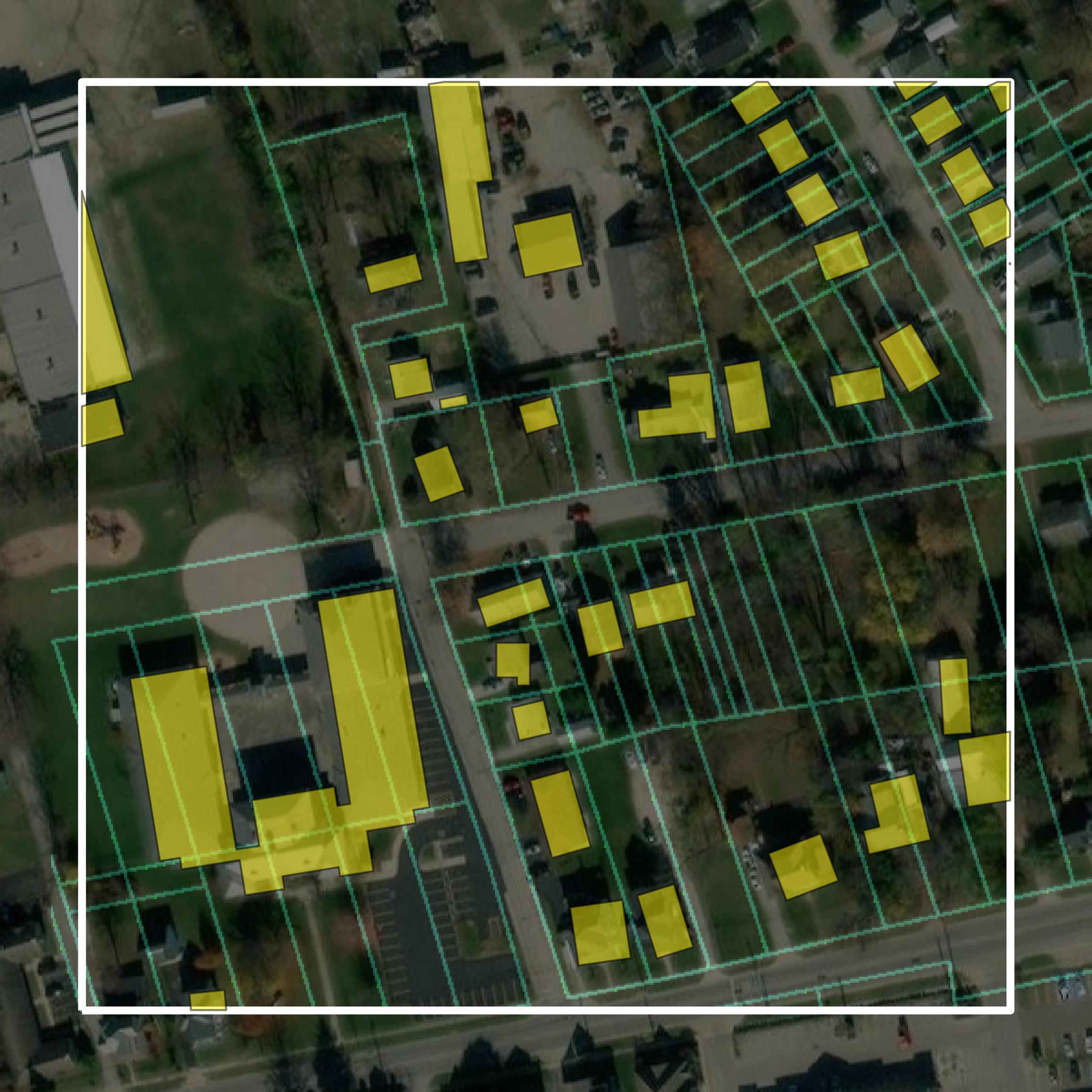 This image shows parcel and building data in Clinton County created using GIS data in Equator.