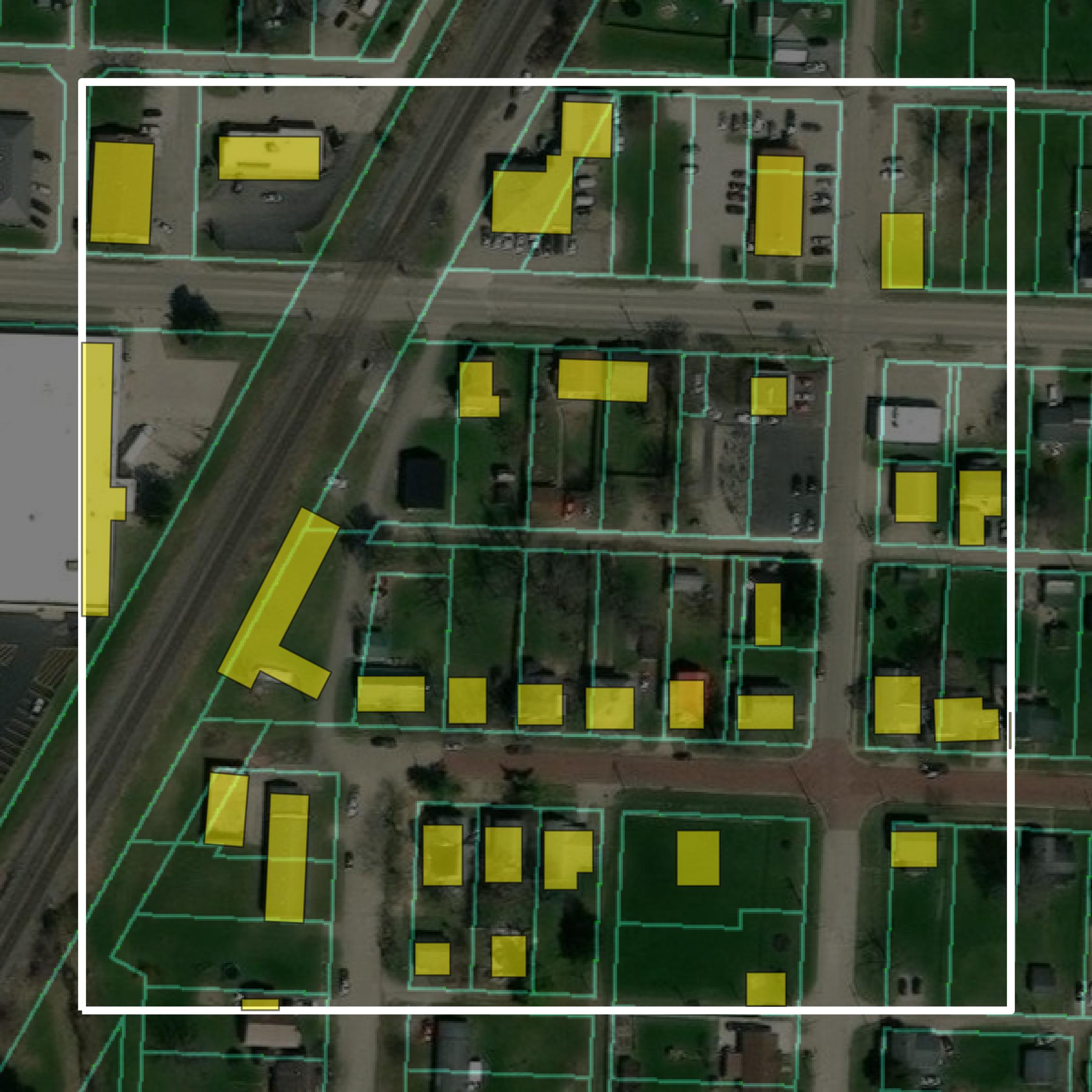 This image shows parcel and building data in Crawford County created using GIS data in Equator.