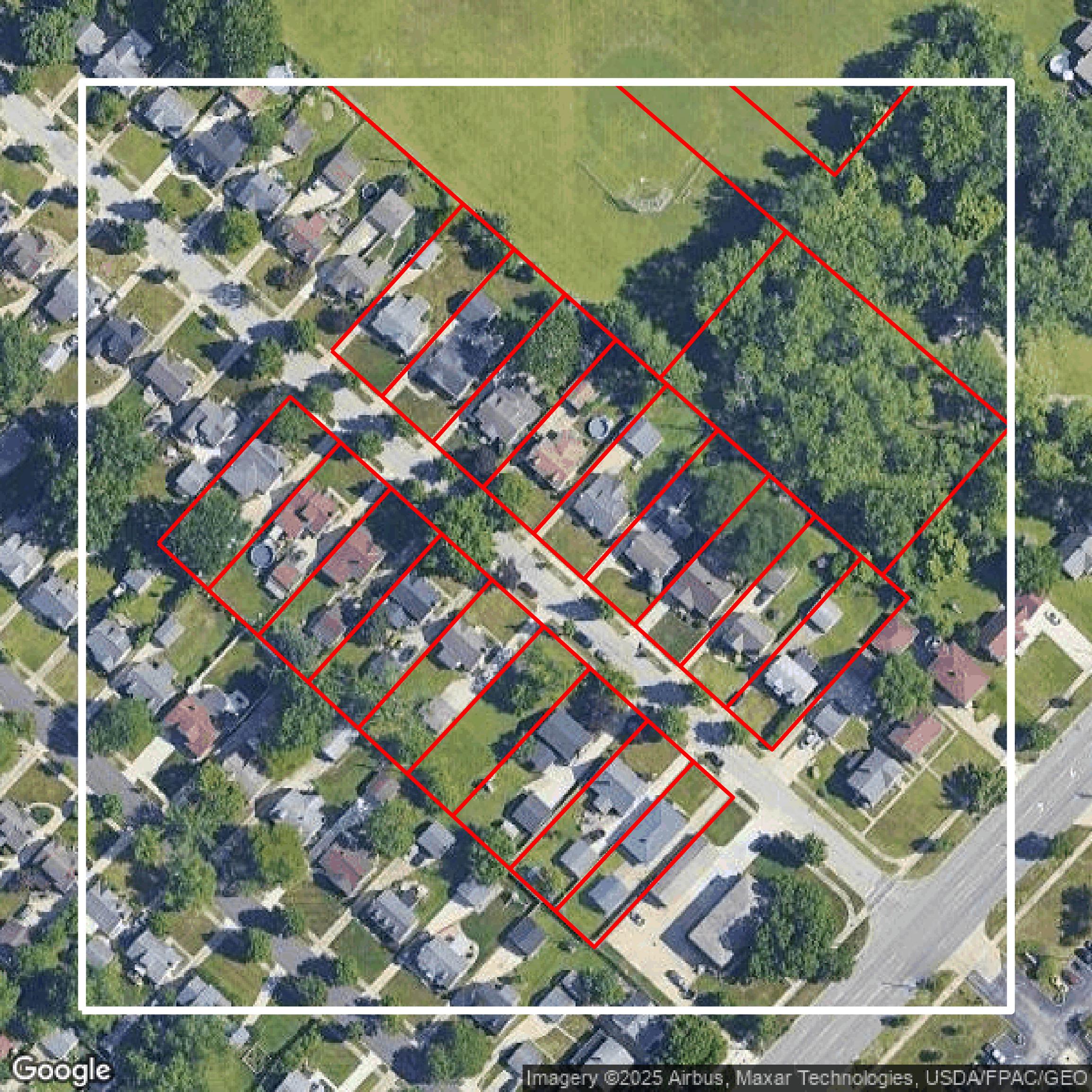 This image shows parcel and building data in Cuyahoga County created using GIS data in Equator.