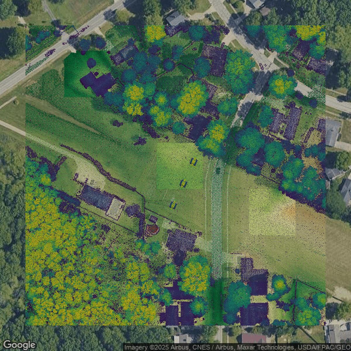 This image shows a LiDAR point cloud in Cuyahoga County created using GIS data in Equator.