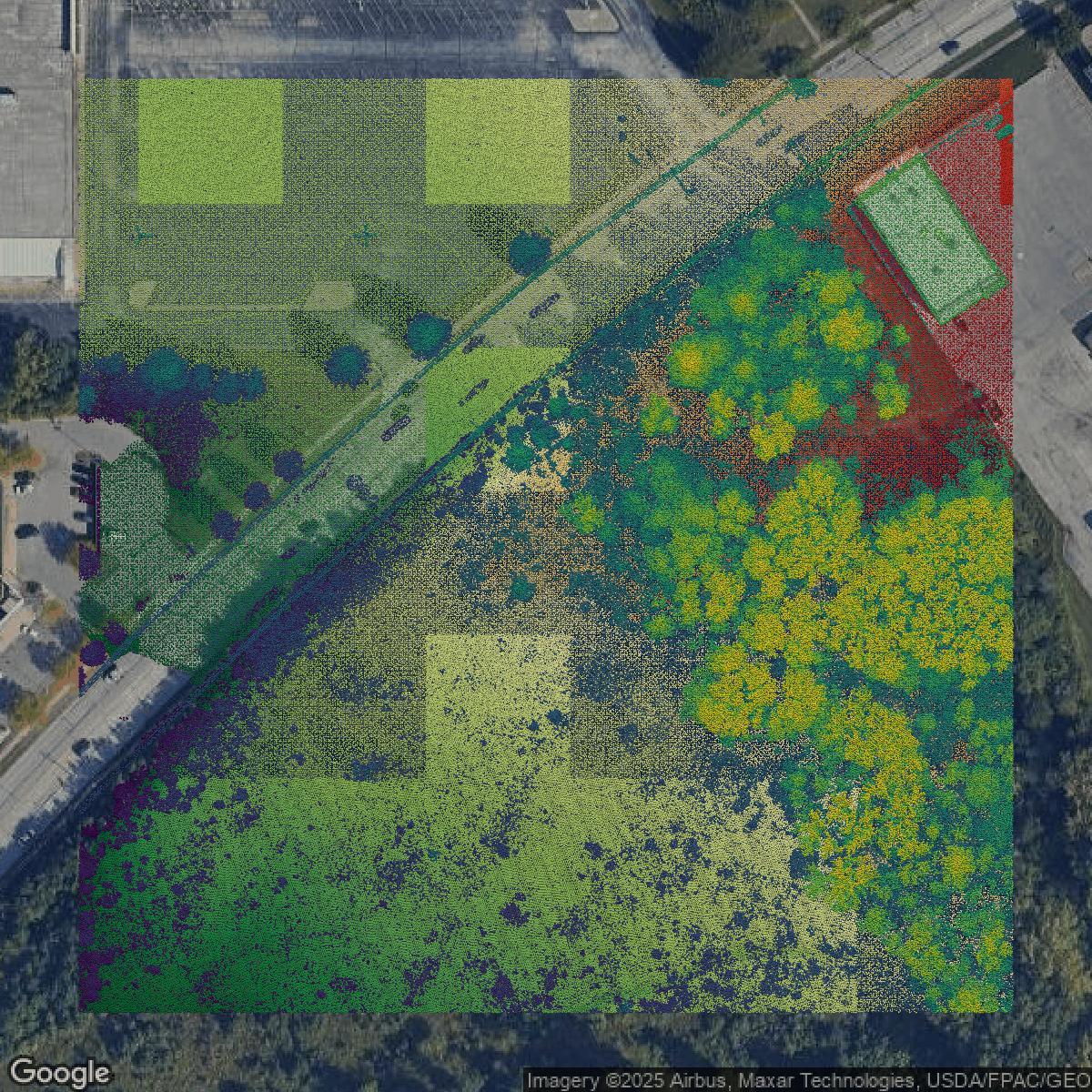 This image shows a LiDAR point cloud in Cuyahoga County created using GIS data in Equator.