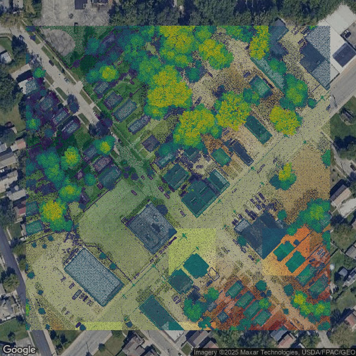 This image shows a LiDAR point cloud in Cuyahoga County created using GIS data in Equator.