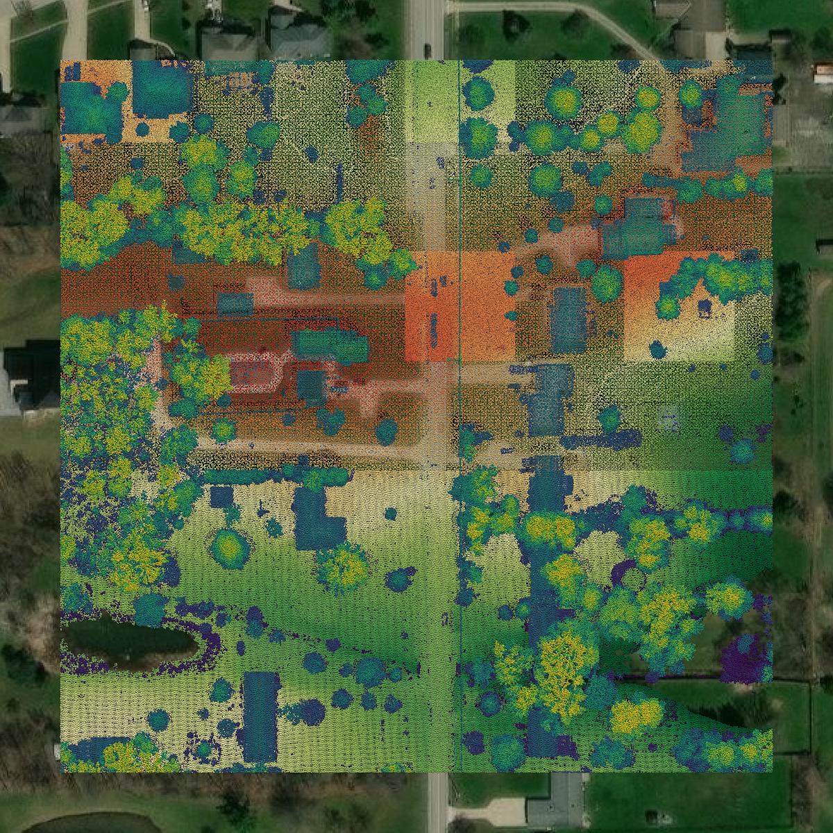This image shows a LiDAR point cloud in Cuyahoga County created using GIS data in Equator.