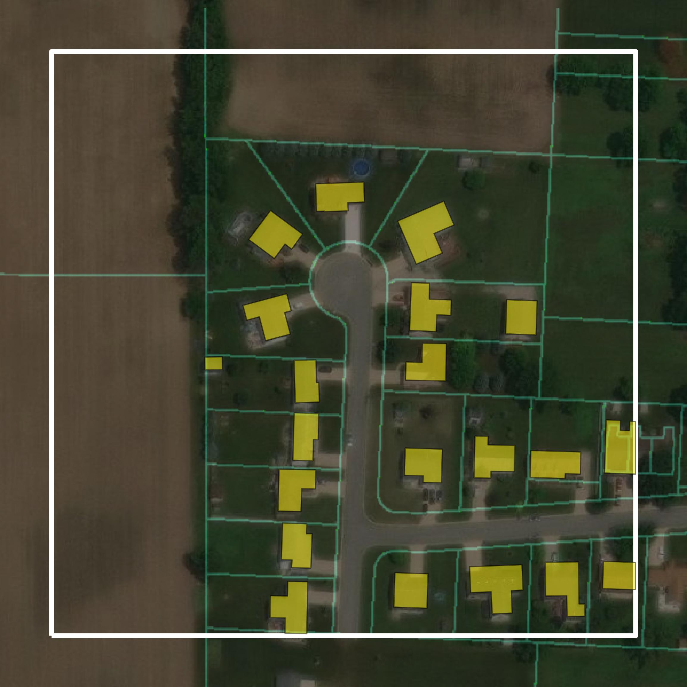 This image shows parcel and building data in Defiance County created using GIS data in Equator.