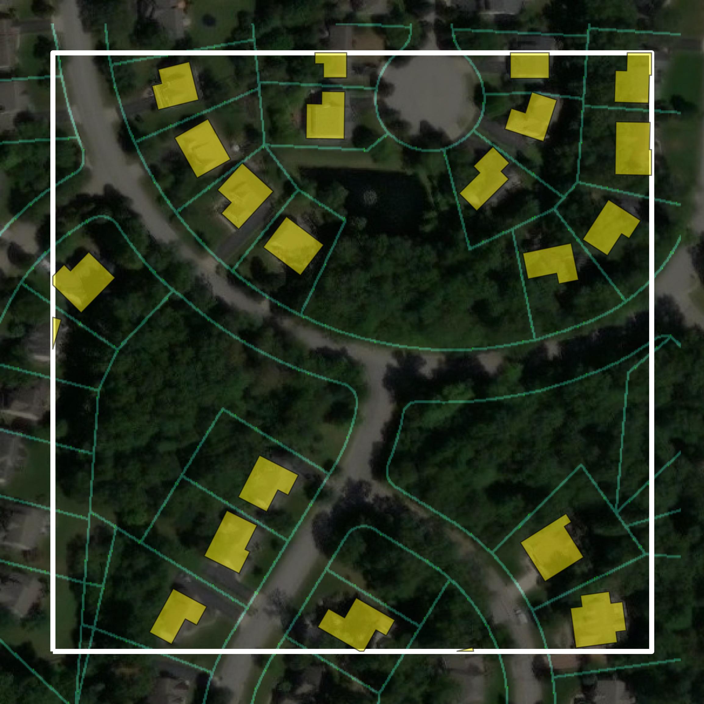 This image shows parcel and building data in Delaware County created using GIS data in Equator.