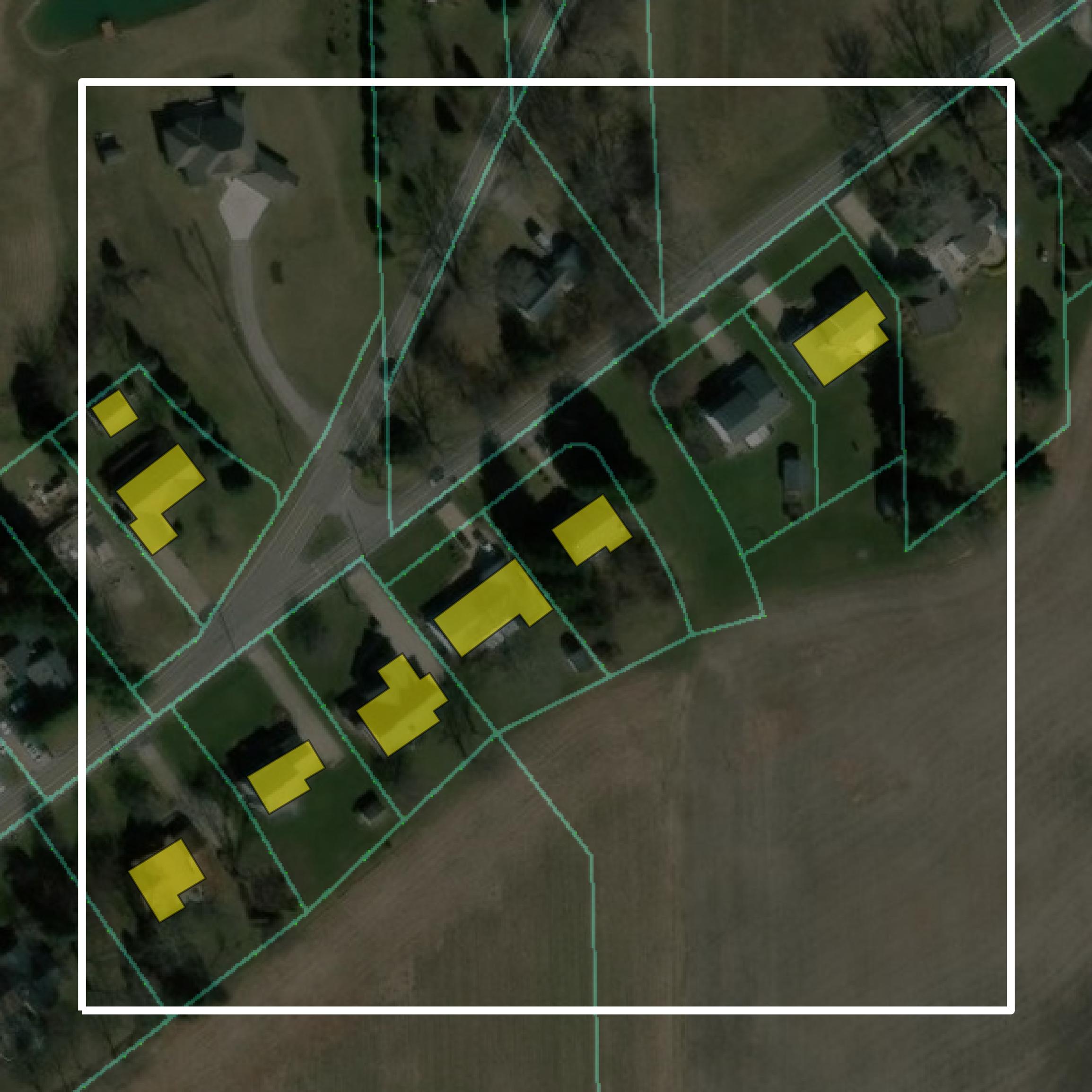 This image shows parcel and building data in Erie County created using GIS data in Equator.