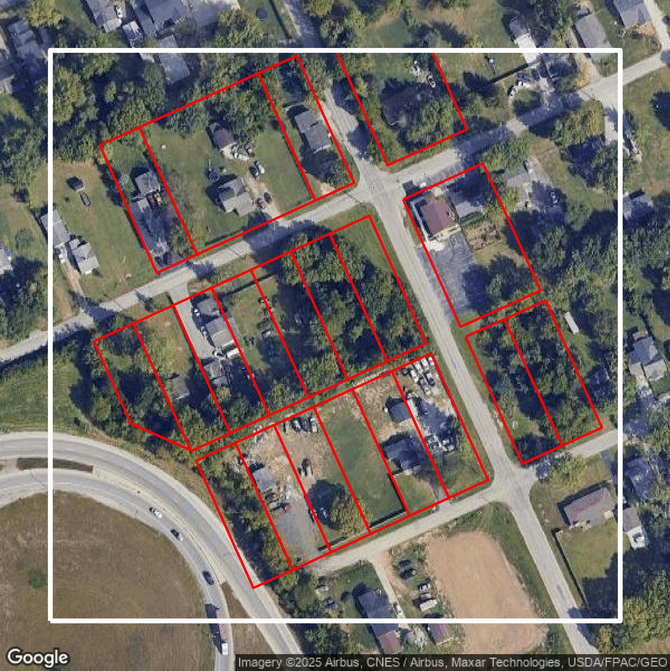 This image shows parcel and building data in Franklin County created using GIS data in Equator.