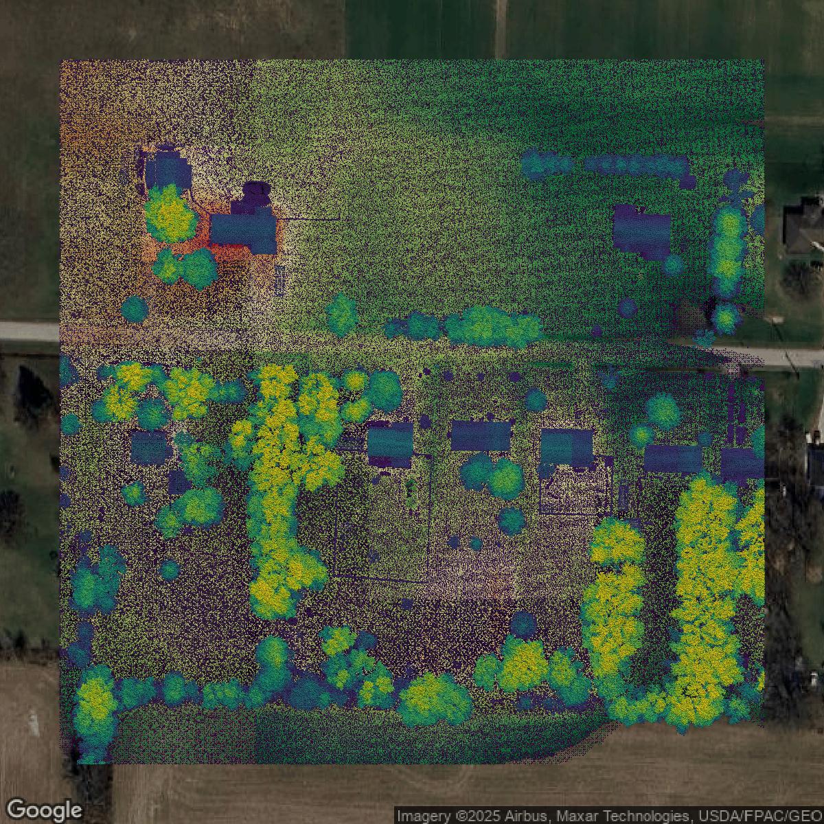 This image shows a LiDAR point cloud in Franklin County created using GIS data in Equator.