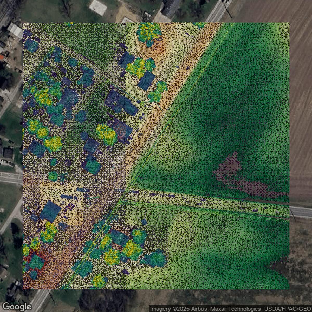 This image shows a LiDAR point cloud in Franklin County created using GIS data in Equator.