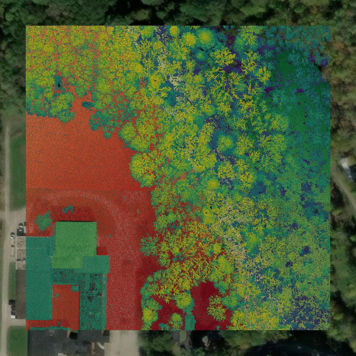 This image shows a LiDAR point cloud in Geauga County created using GIS data in Equator.