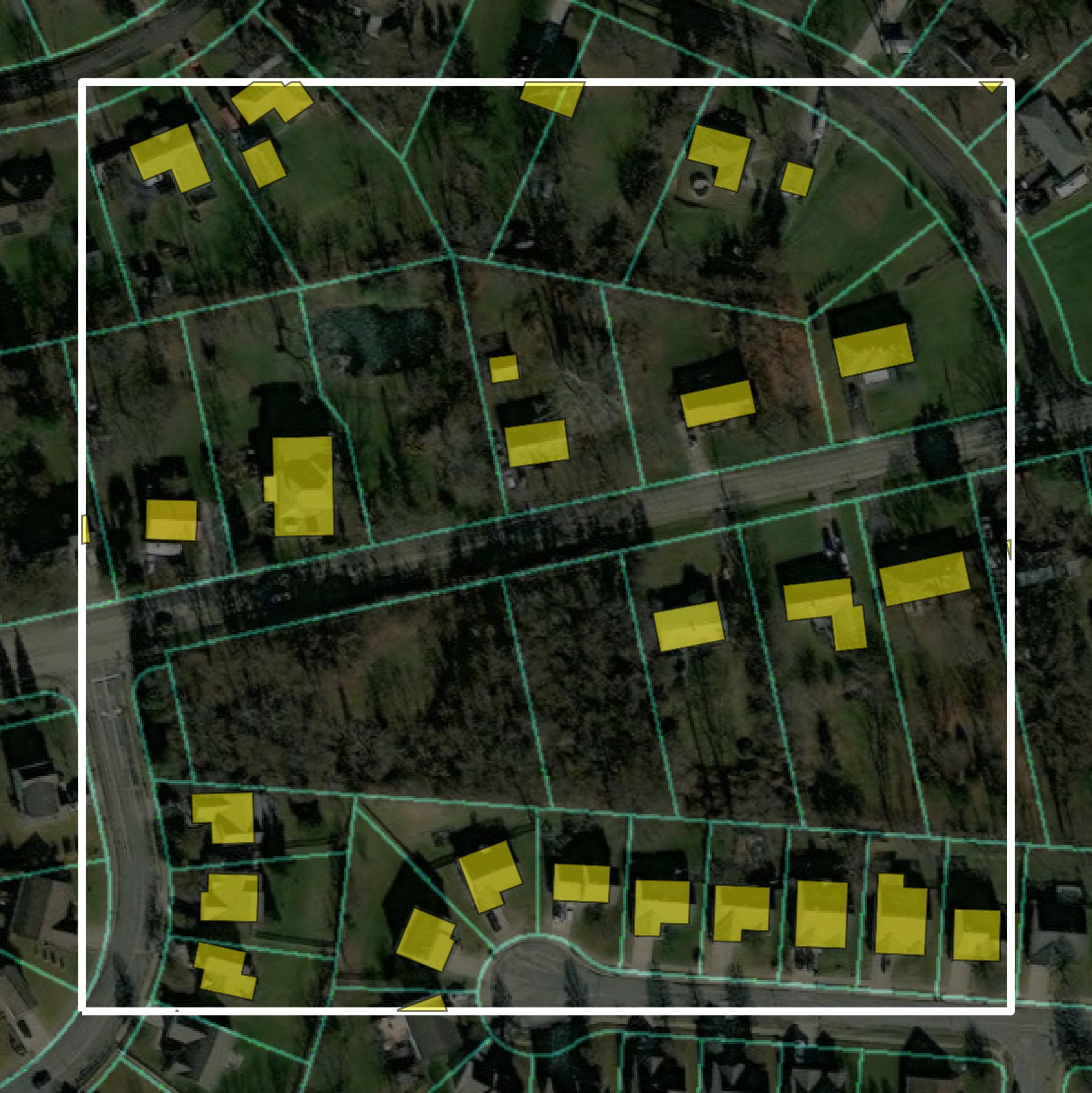 This image shows parcel and building data in Greene County created using GIS data in Equator.