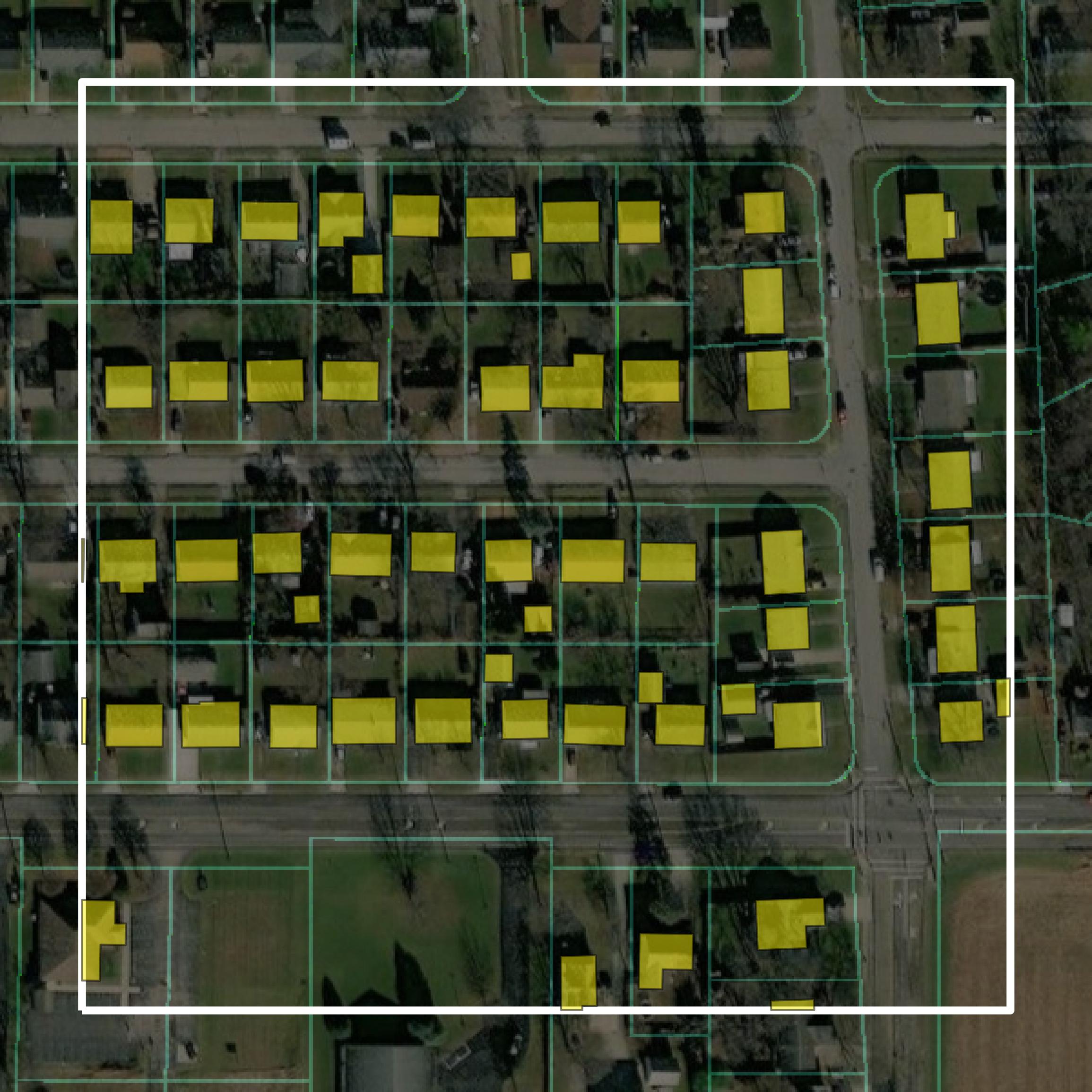 This image shows parcel and building data in Greene County created using GIS data in Equator.