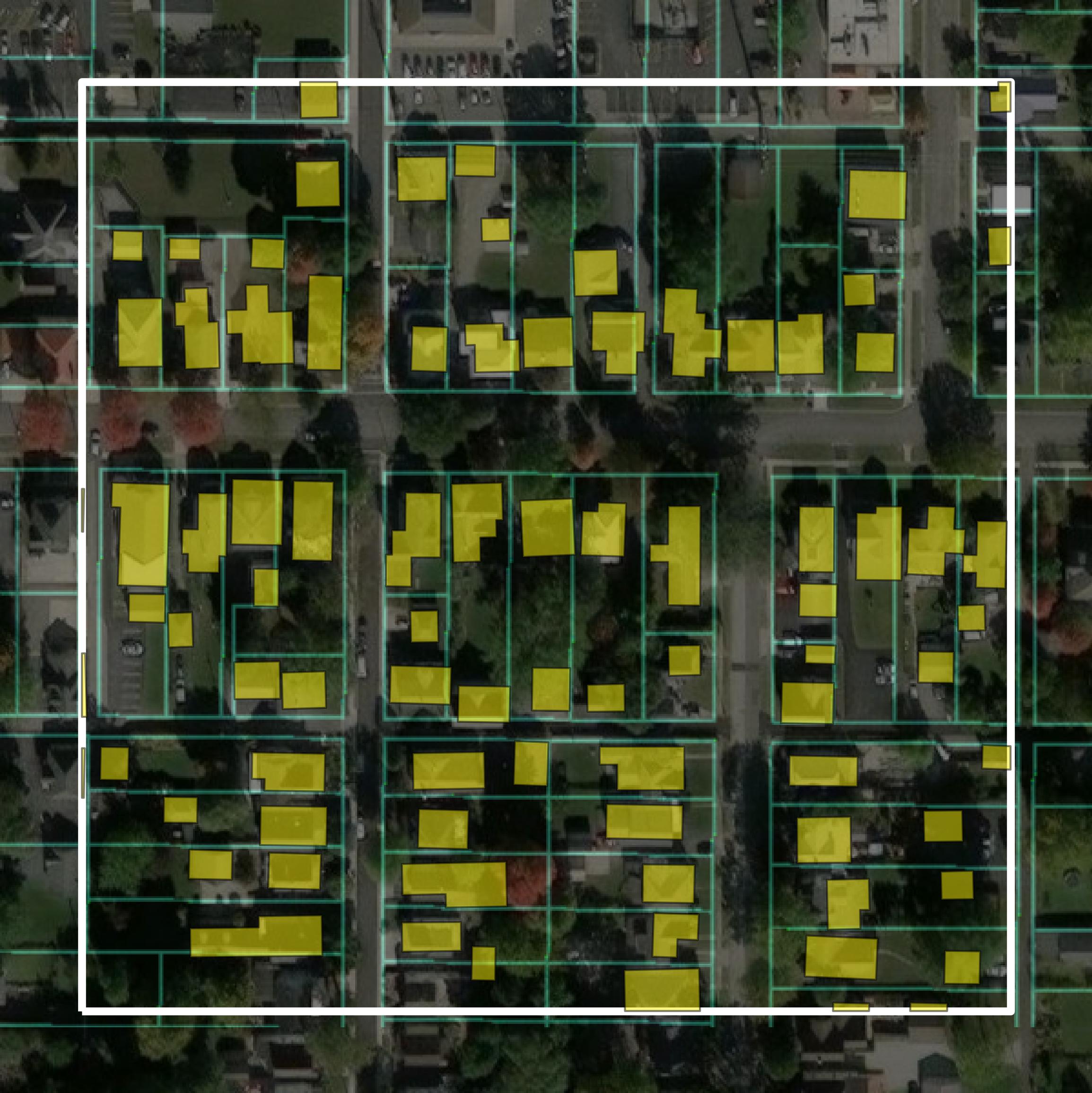 This image shows parcel and building data in Hancock County created using GIS data in Equator.