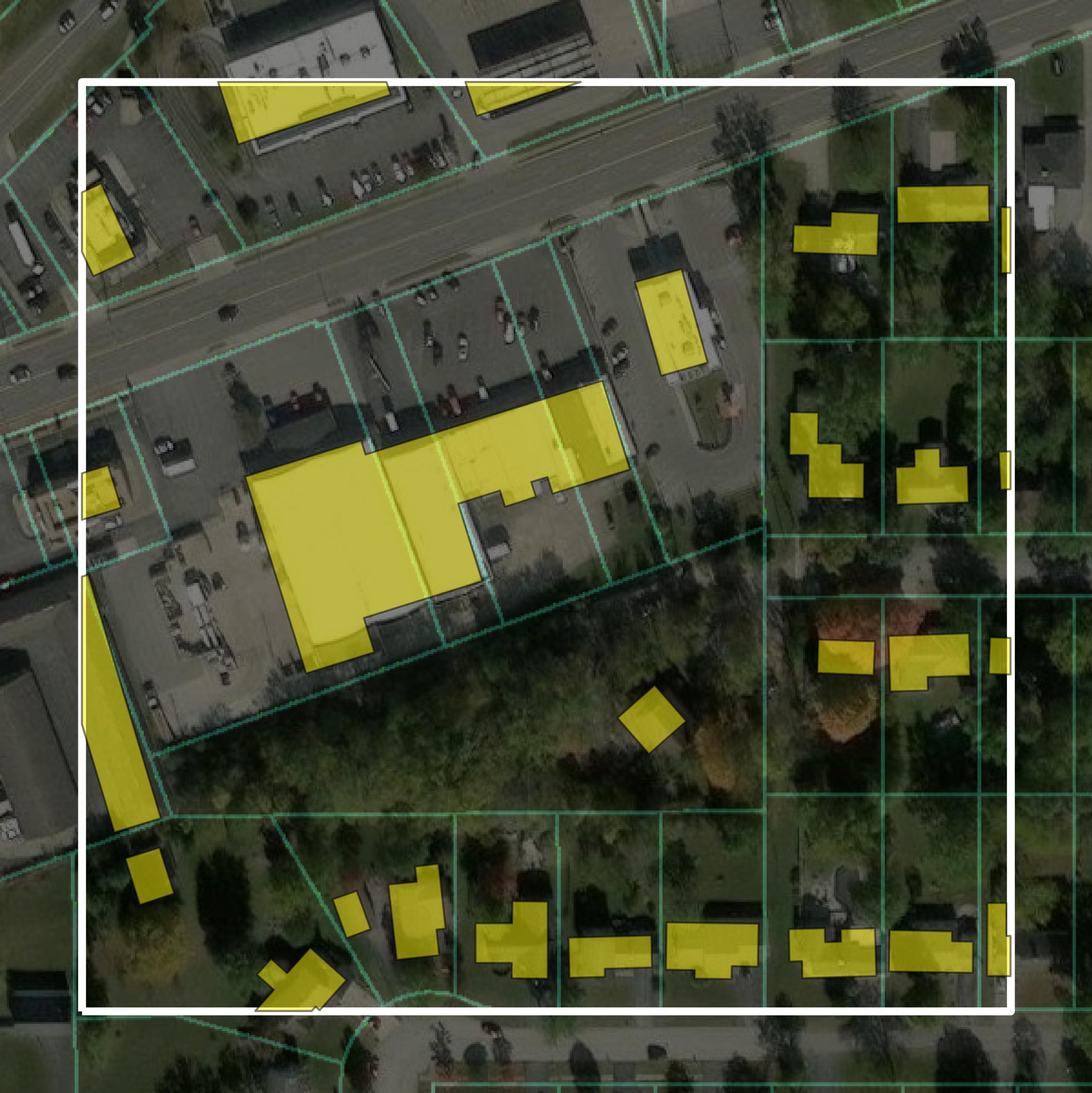 This image shows parcel and building data in Hancock County created using GIS data in Equator.
