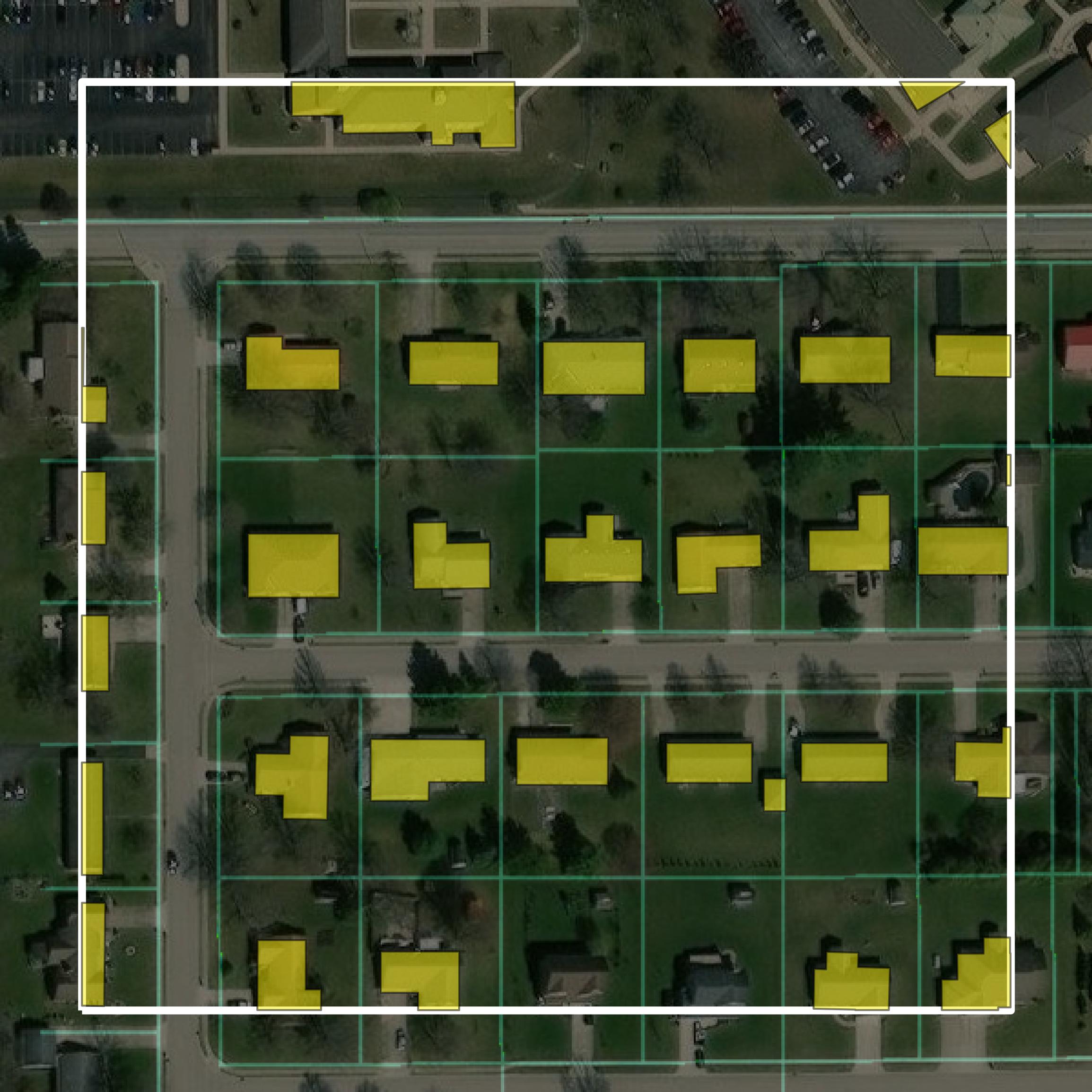 This image shows parcel and building data in Hardin County created using GIS data in Equator.