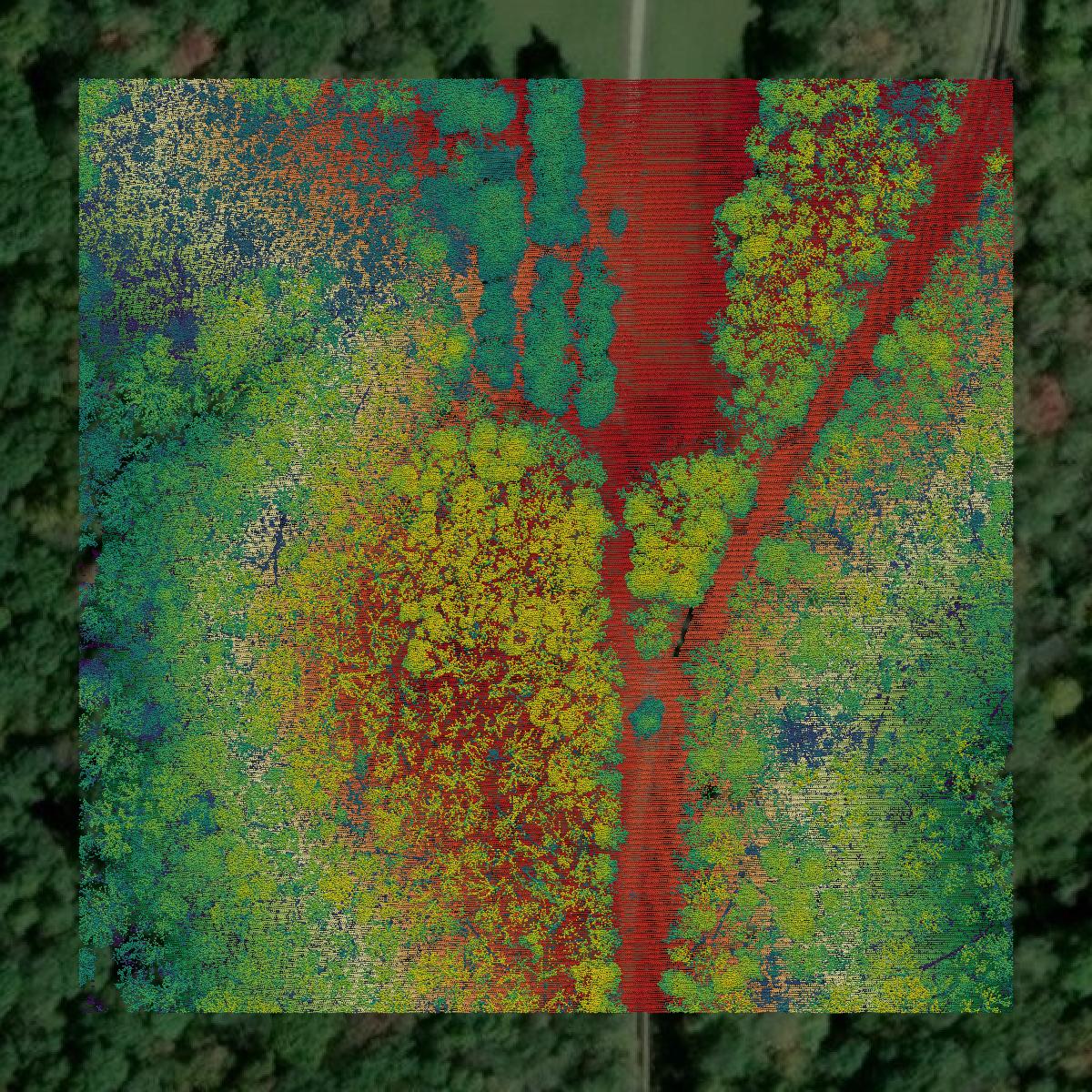 This image shows a LiDAR point cloud in Hocking County created using GIS data in Equator.
