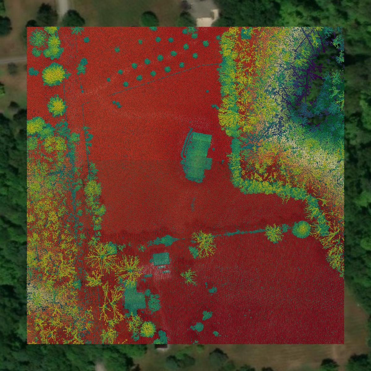 This image shows a LiDAR point cloud in Lake County created using GIS data in Equator.