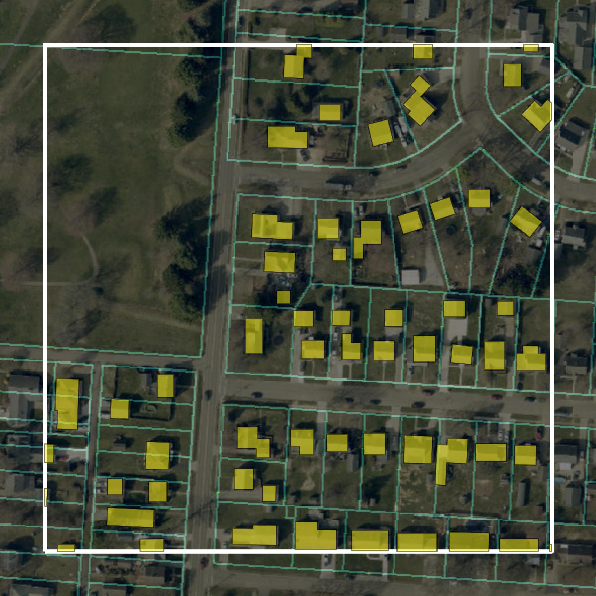 This image shows parcel and building data in Licking County created using GIS data in Equator.