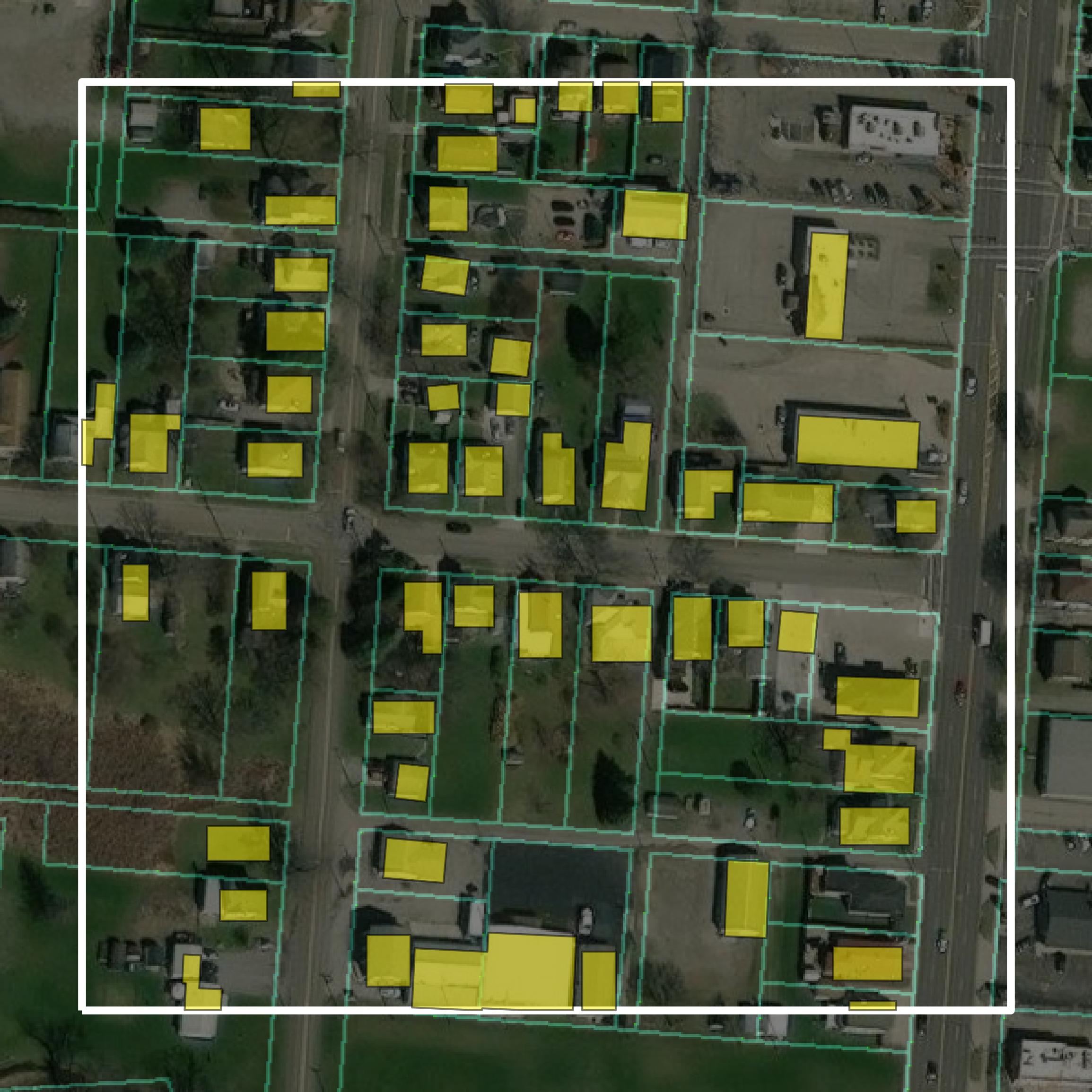 This image shows parcel and building data in Logan County created using GIS data in Equator.