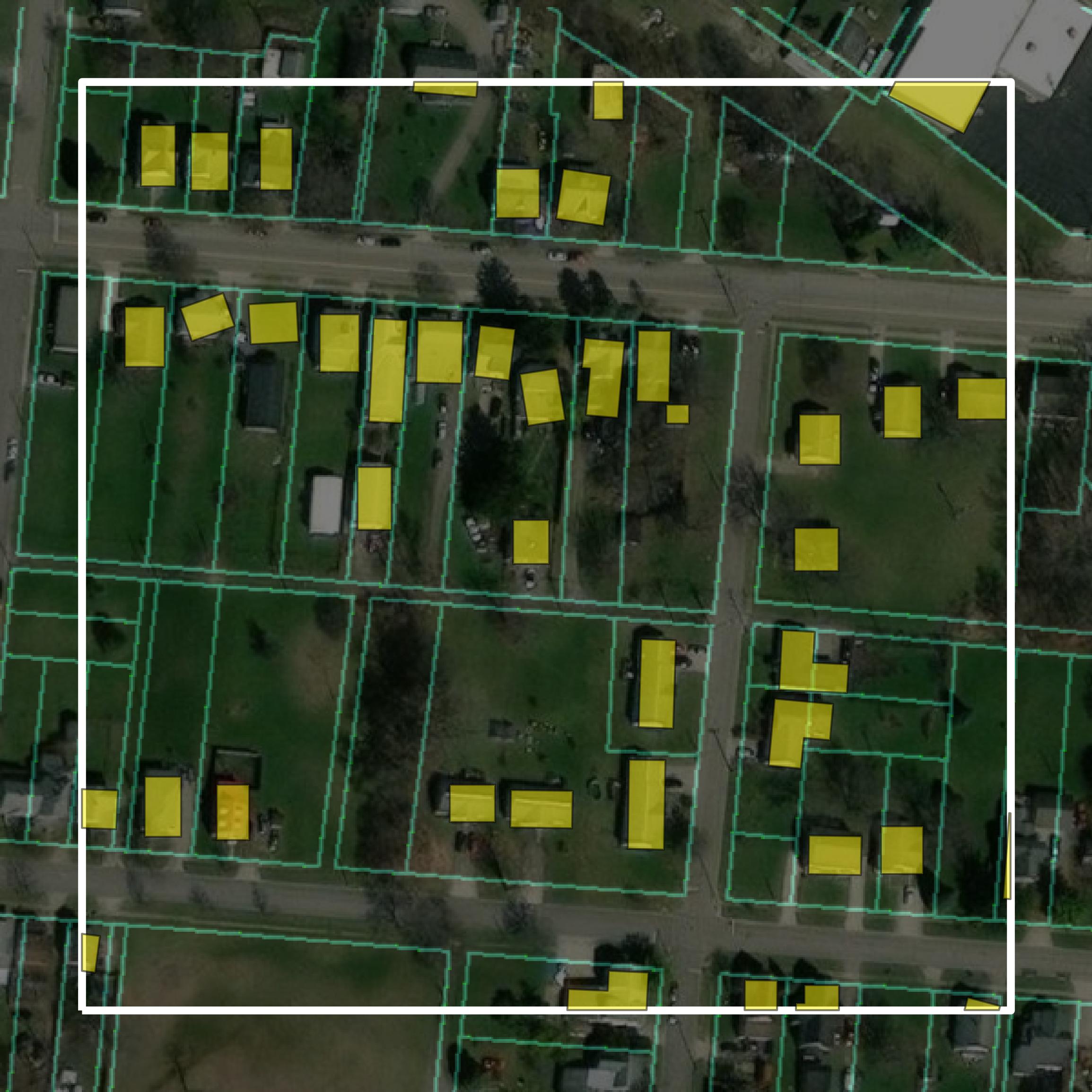 This image shows parcel and building data in Logan County created using GIS data in Equator.