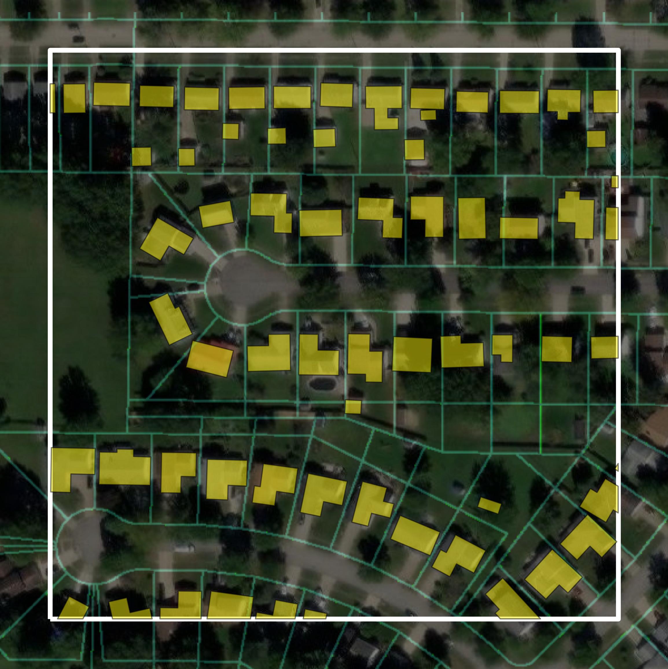 This image shows parcel and building data in Lorain County created using GIS data in Equator.