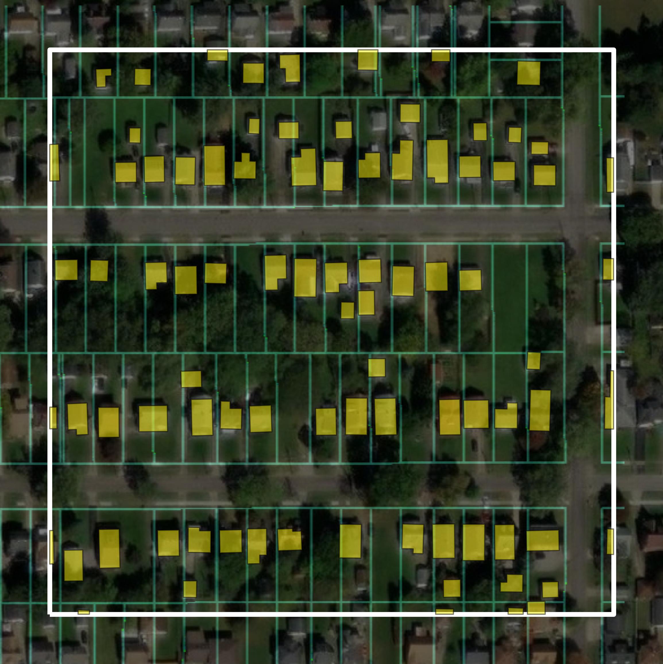 This image shows parcel and building data in Mahoning County created using GIS data in Equator.