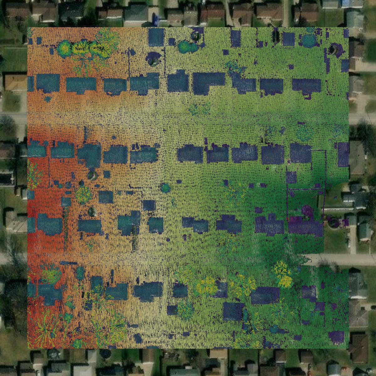 This image shows a LiDAR point cloud in Mahoning County created using GIS data in Equator.