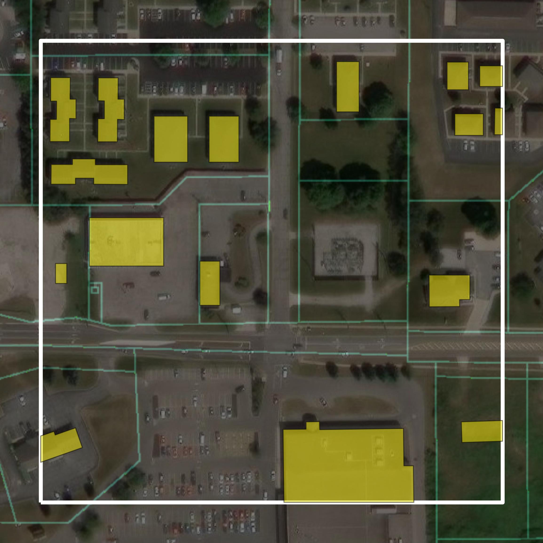 This image shows parcel and building data in Marion County created using GIS data in Equator.