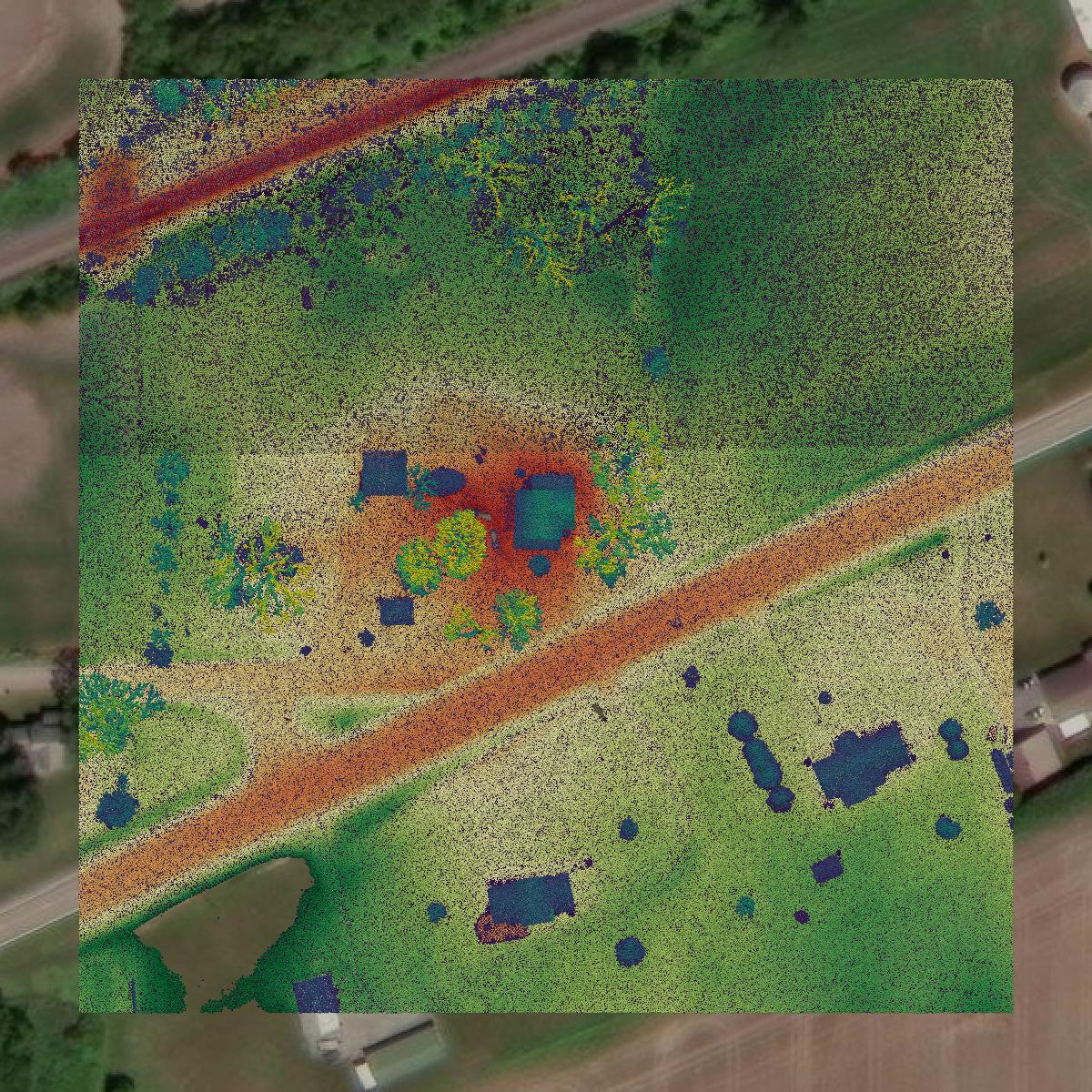 This image shows a LiDAR point cloud in Marion County created using GIS data in Equator.