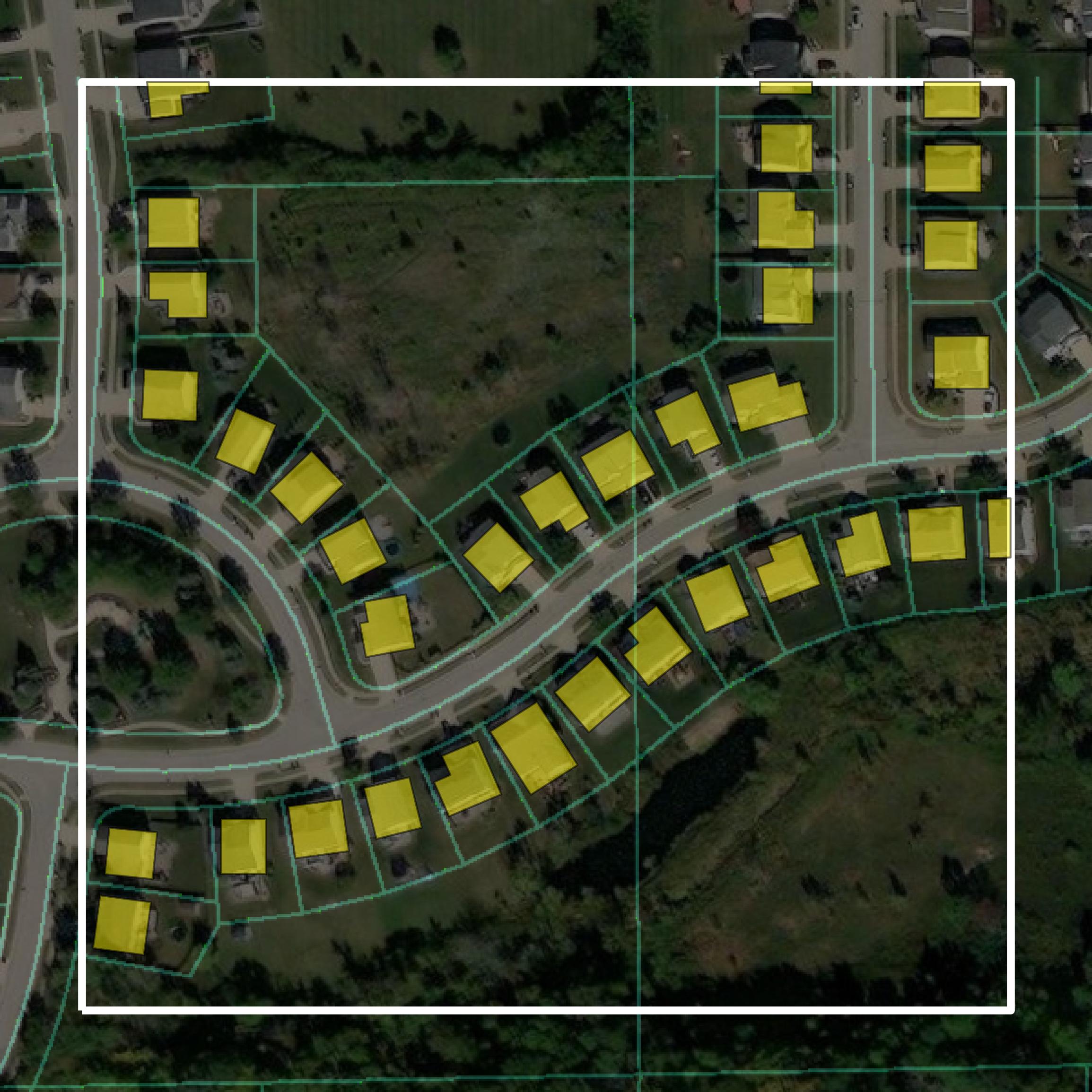 This image shows parcel and building data in Medina County created using GIS data in Equator.