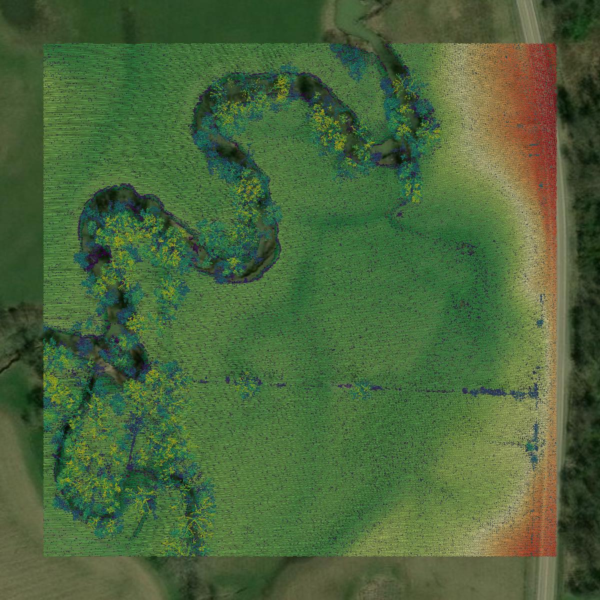 This image shows a LiDAR point cloud in Muskingum County created using GIS data in Equator.