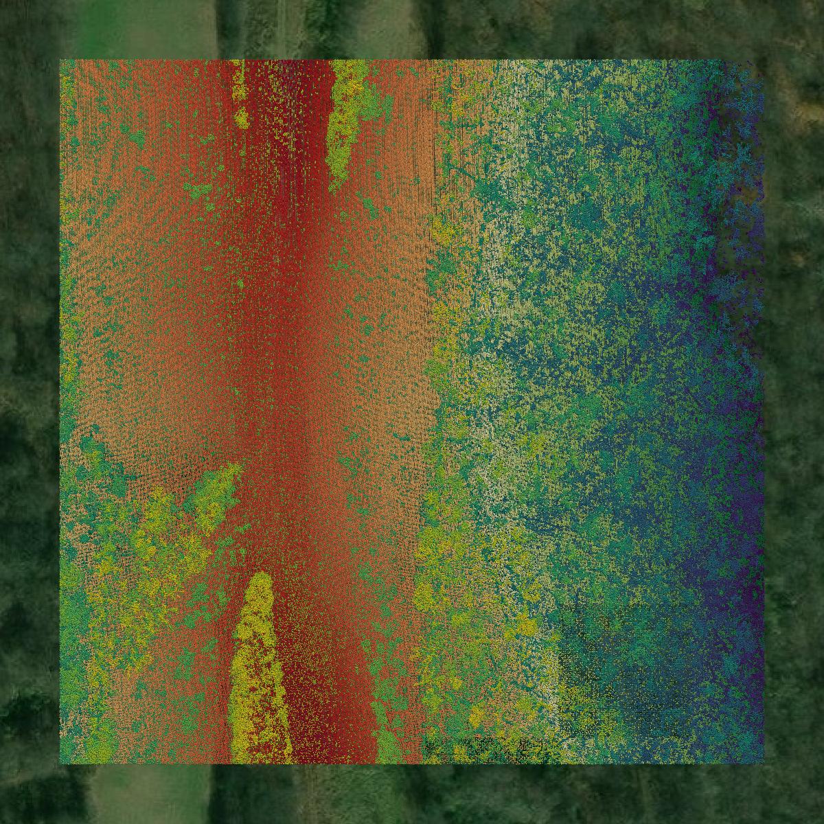 This image shows a LiDAR point cloud in Noble County created using GIS data in Equator.