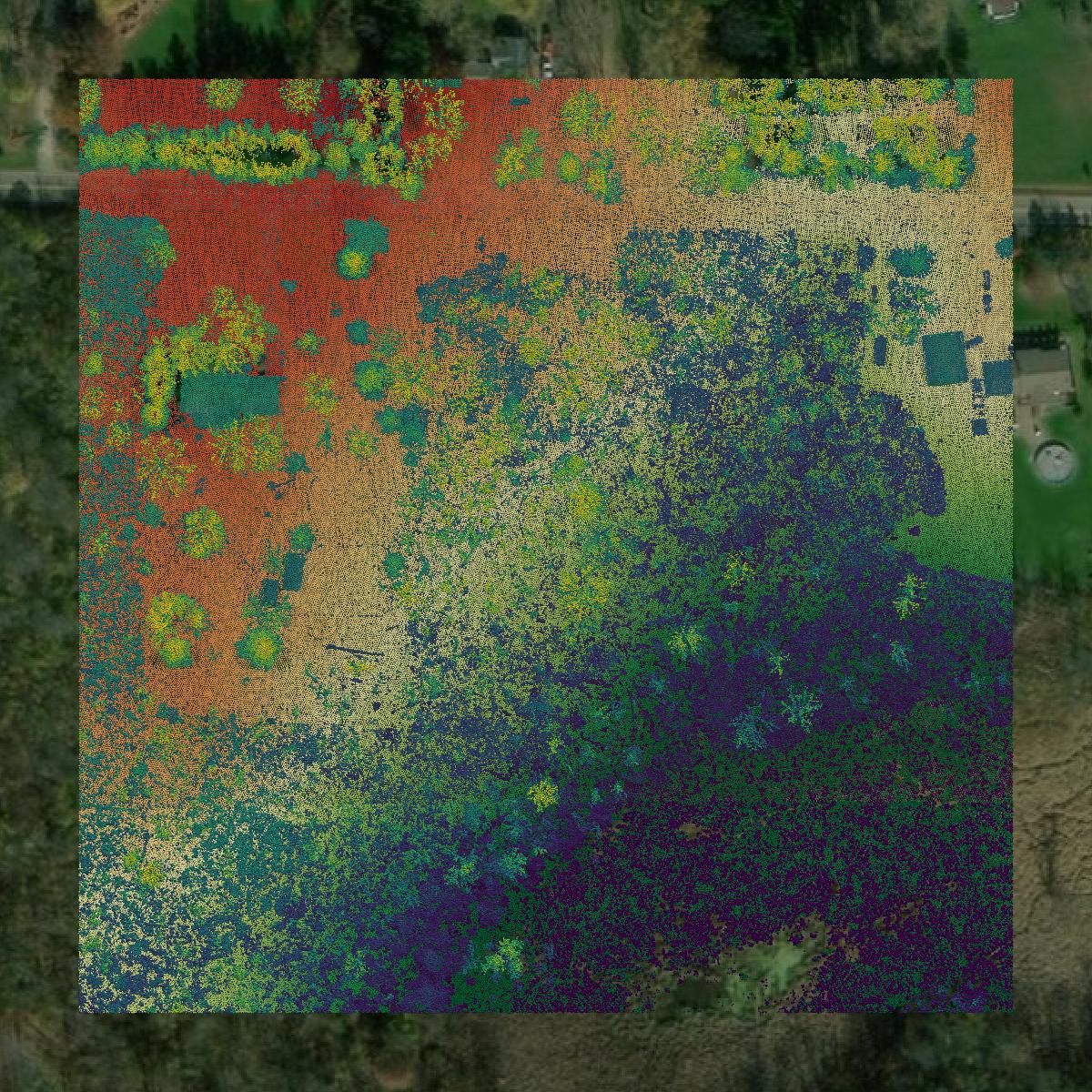 This image shows a LiDAR point cloud in Portage County created using GIS data in Equator.