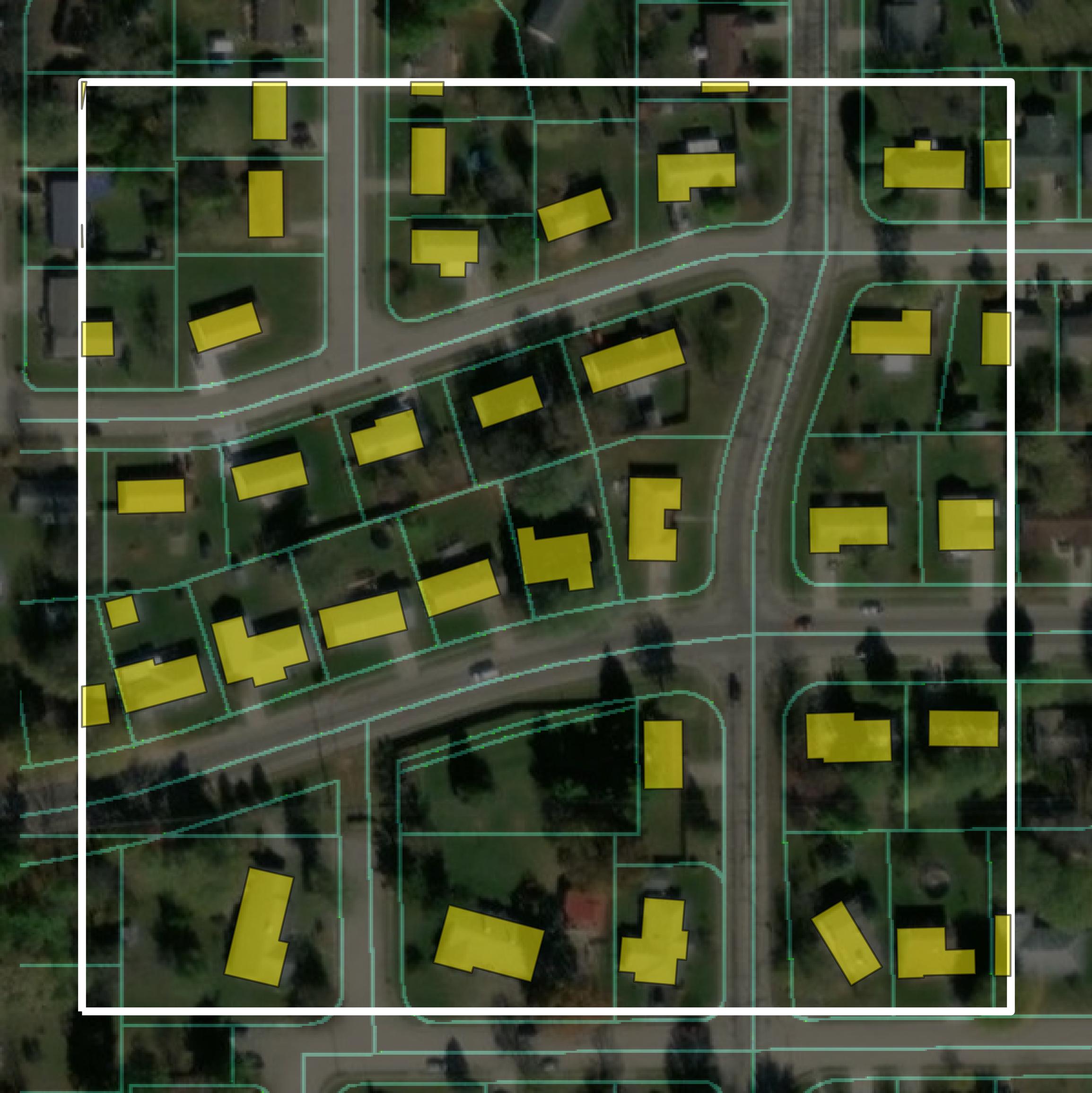 This image shows parcel and building data in Preble County created using GIS data in Equator.