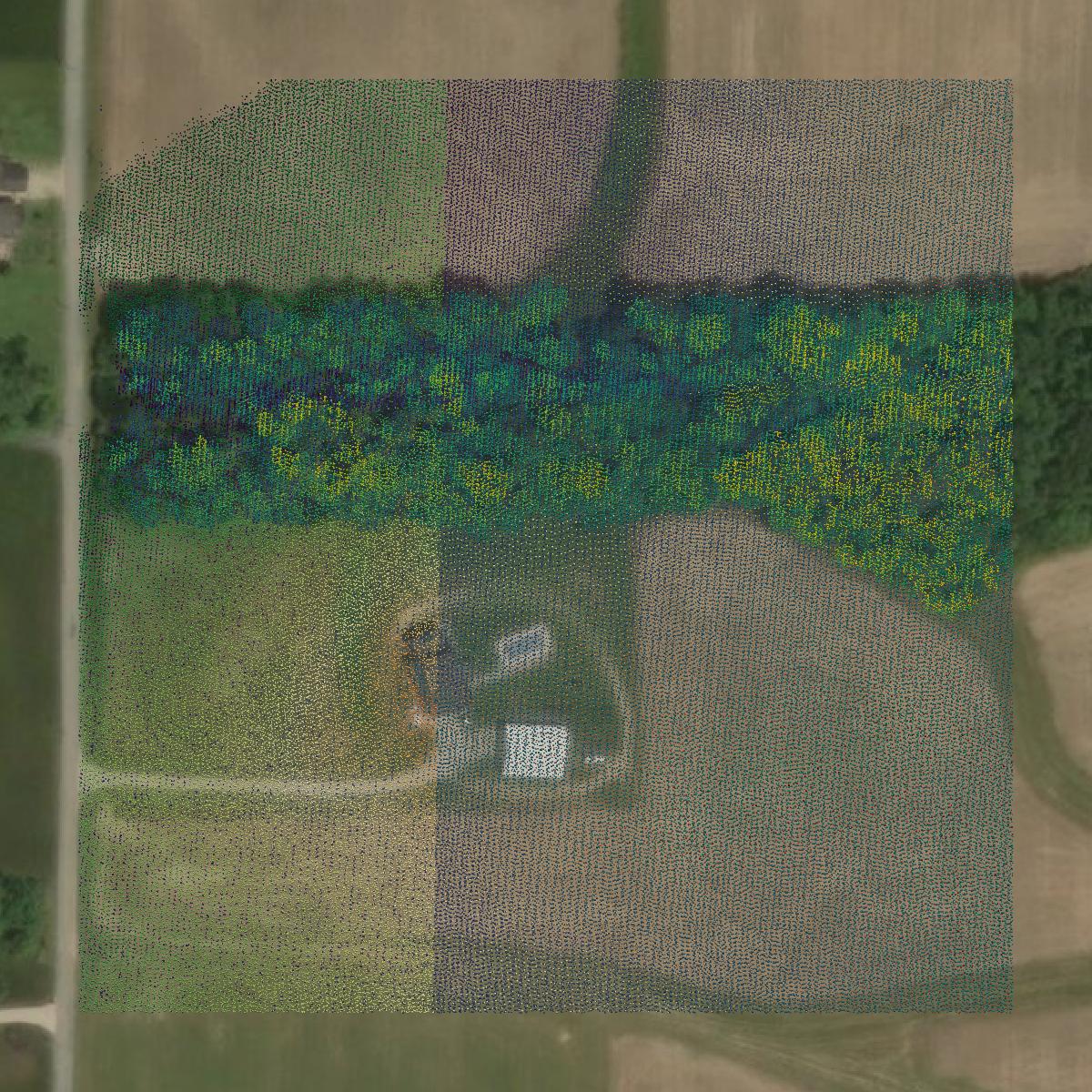 This image shows a LiDAR point cloud in Preble County created using GIS data in Equator.