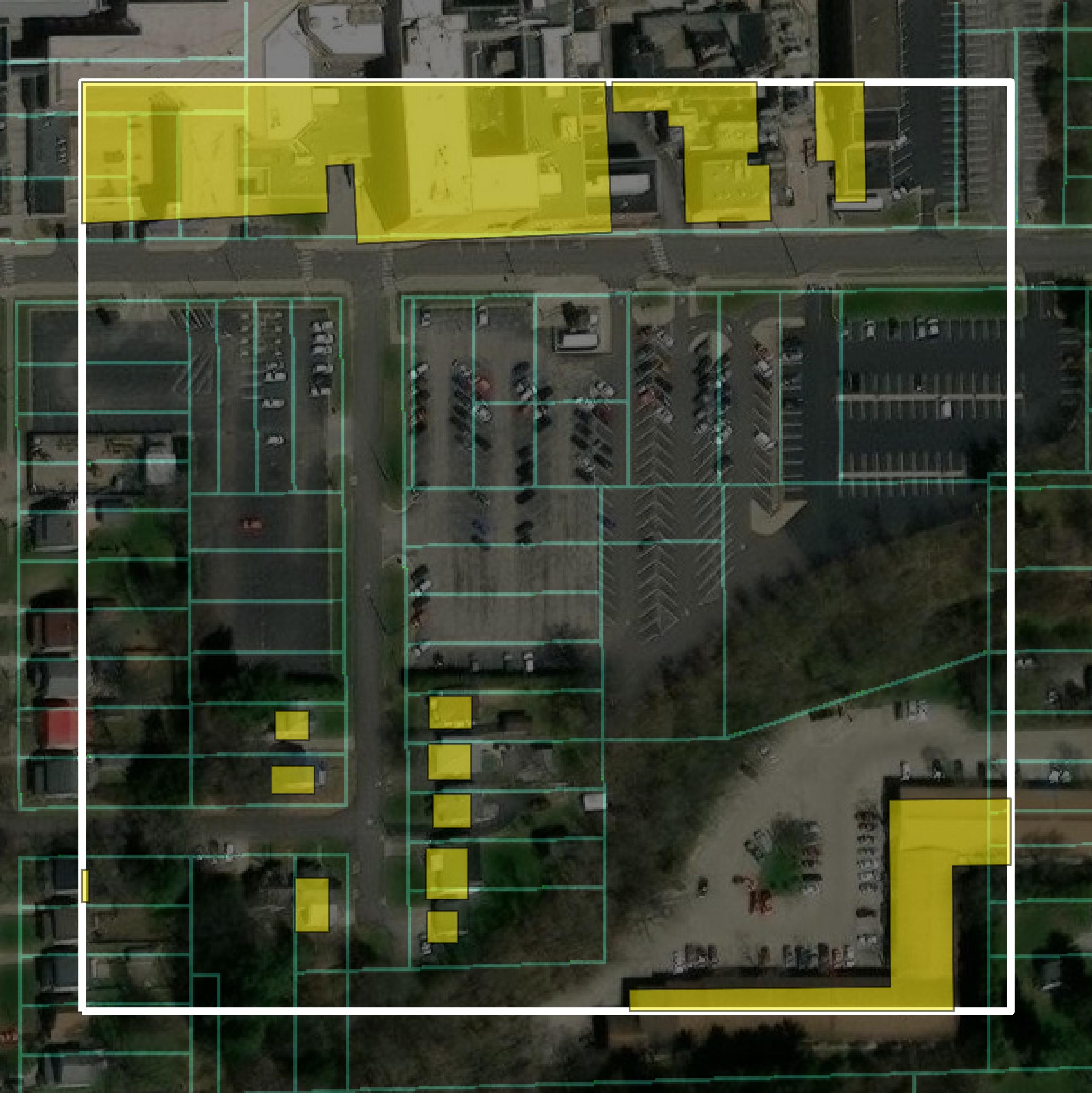 This image shows parcel and building data in Richland County created using GIS data in Equator.