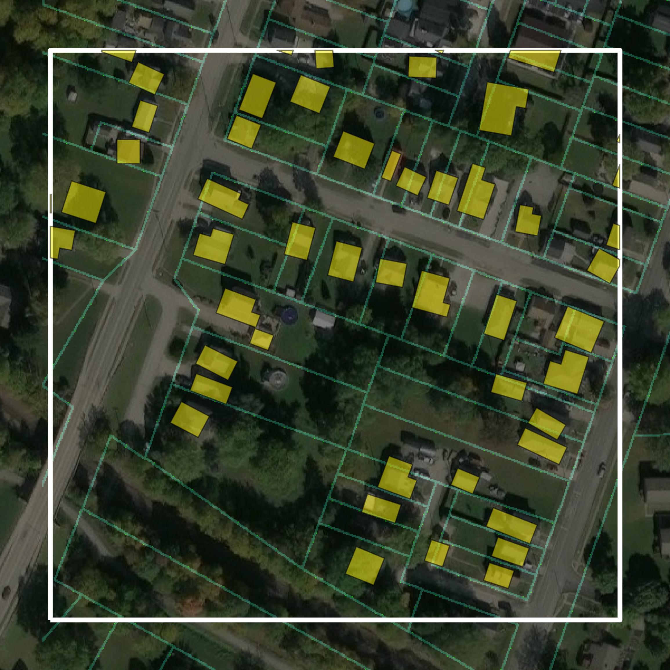 This image shows parcel and building data in Sandusky County created using GIS data in Equator.
